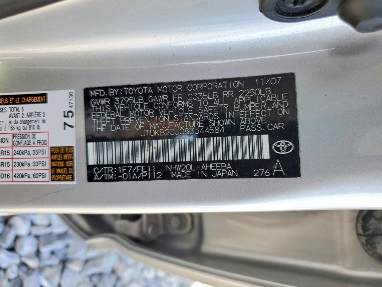 2008 Toyota Prius Base Silver vin: JTDKB20U083344584