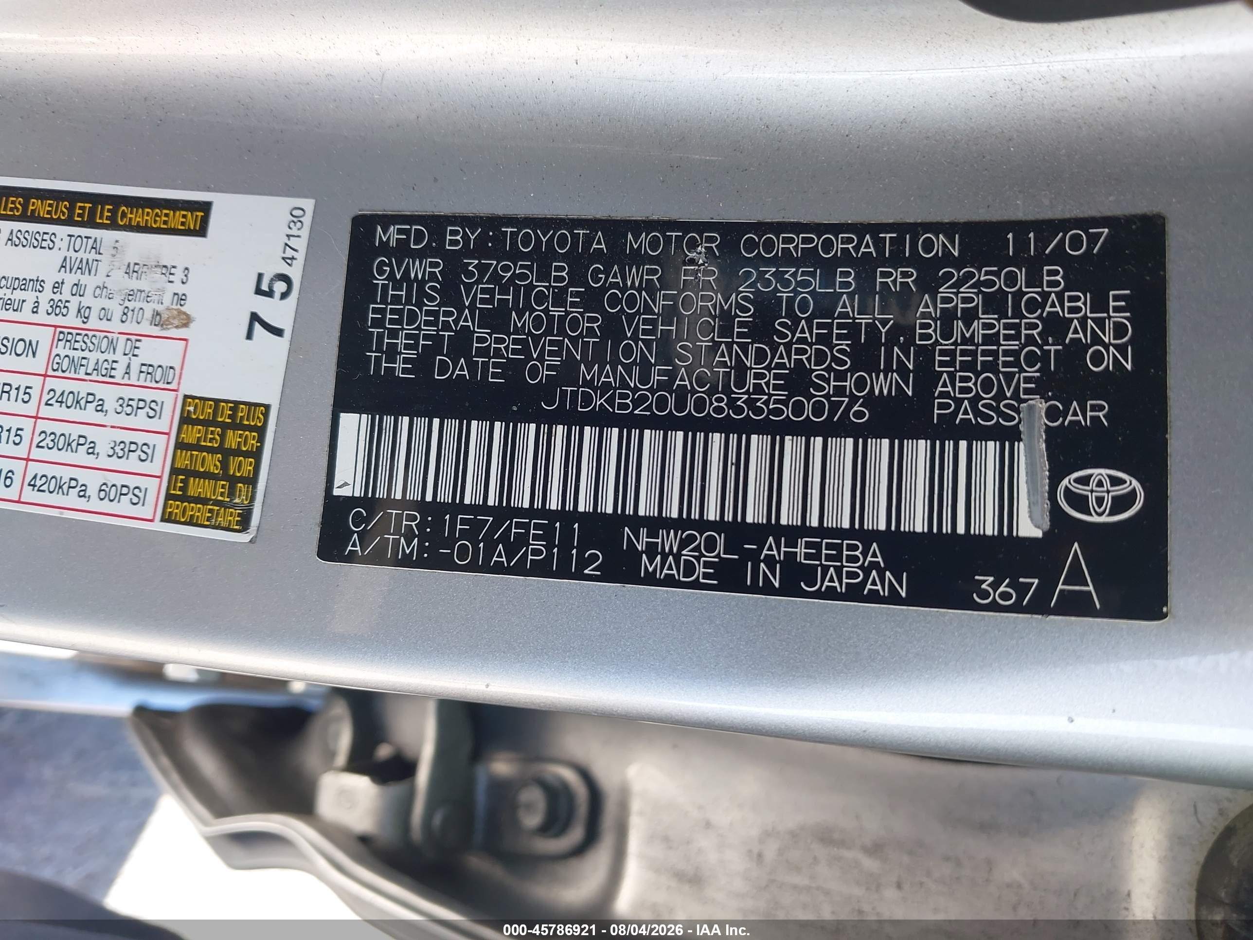 2008 Toyota Prius   Gray vin: JTDKB20U083350076