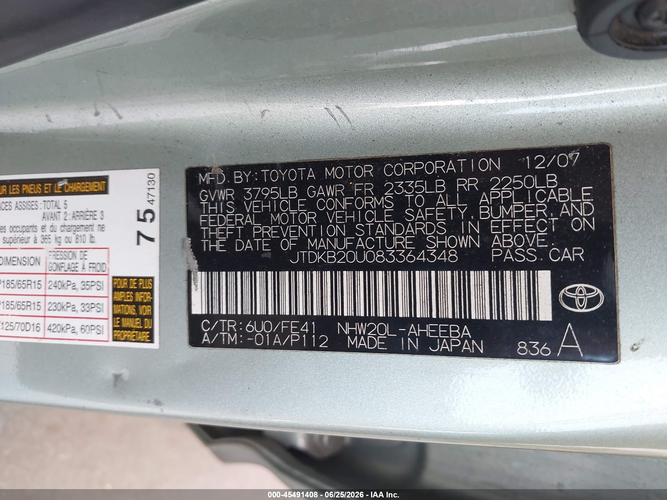 2008 Toyota Prius   Green vin: JTDKB20U083364348