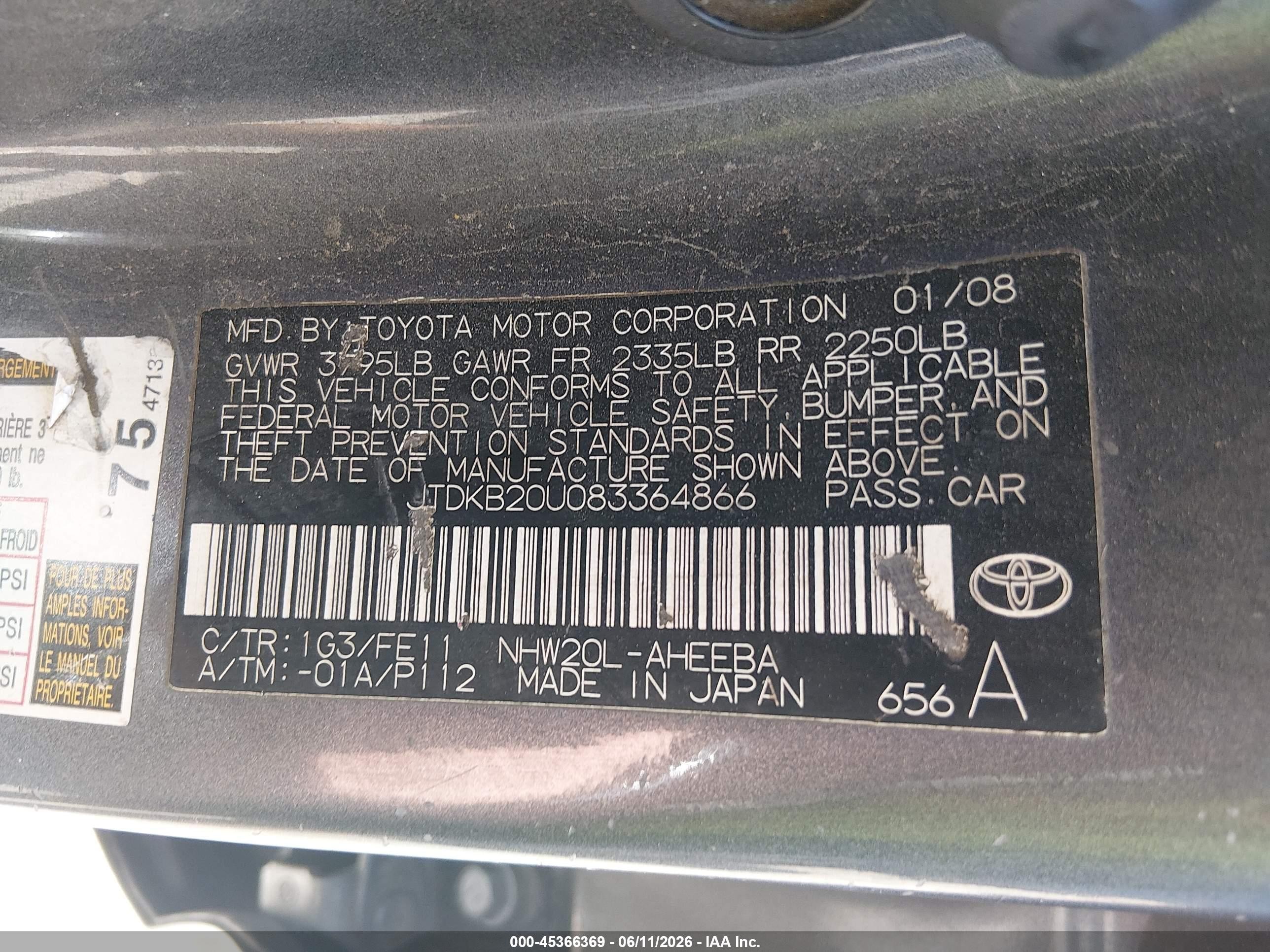 2008 Toyota Prius   Gray vin: JTDKB20U083364866