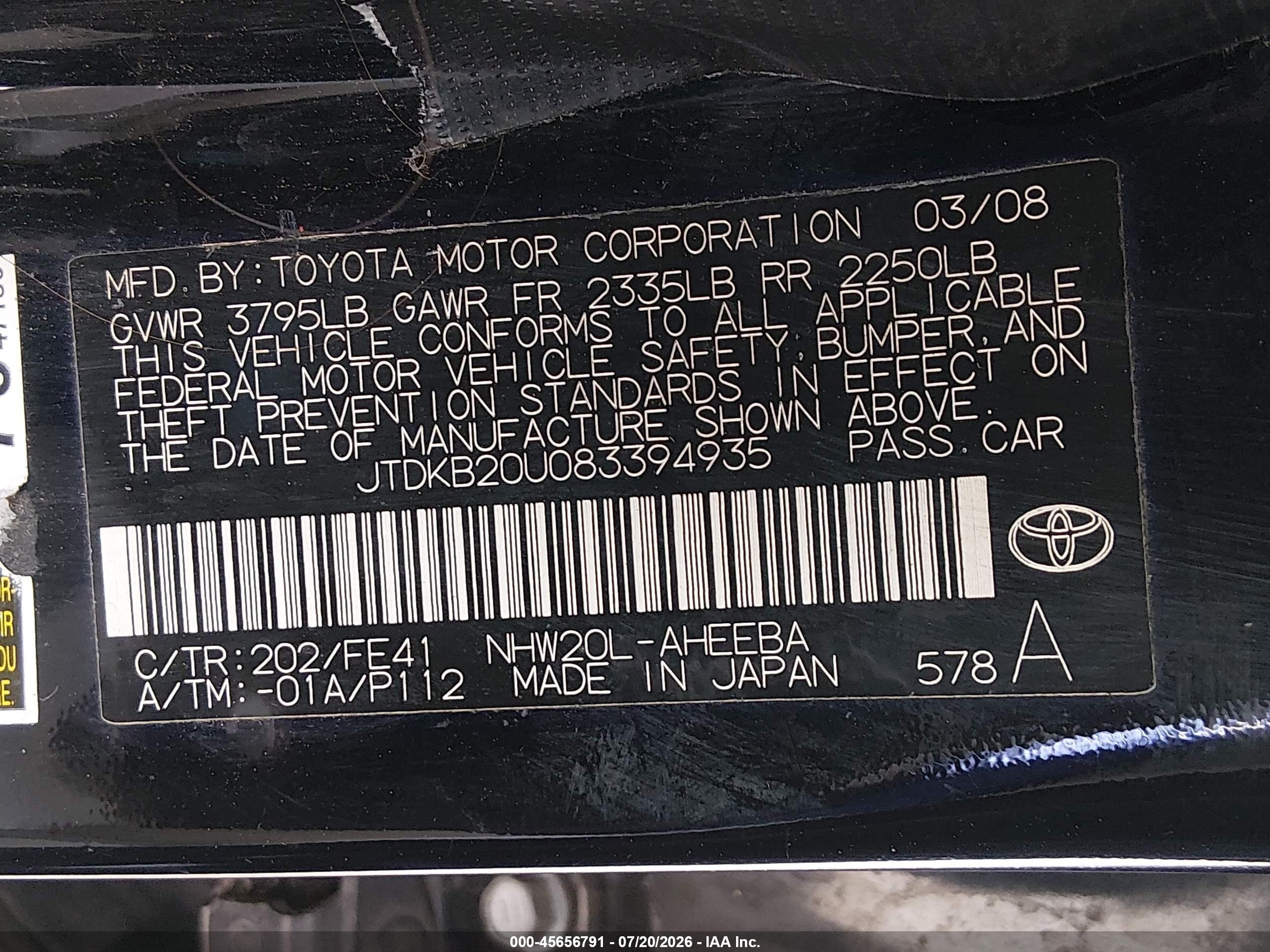 2008 Toyota Prius   Black vin: JTDKB20U083394935