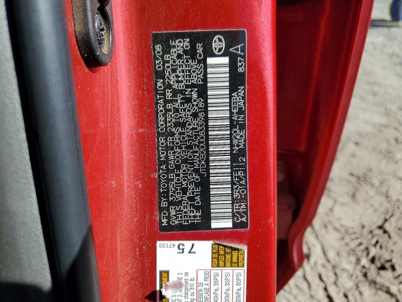 2008 Toyota Prius Base Red vin: JTDKB20U083398189