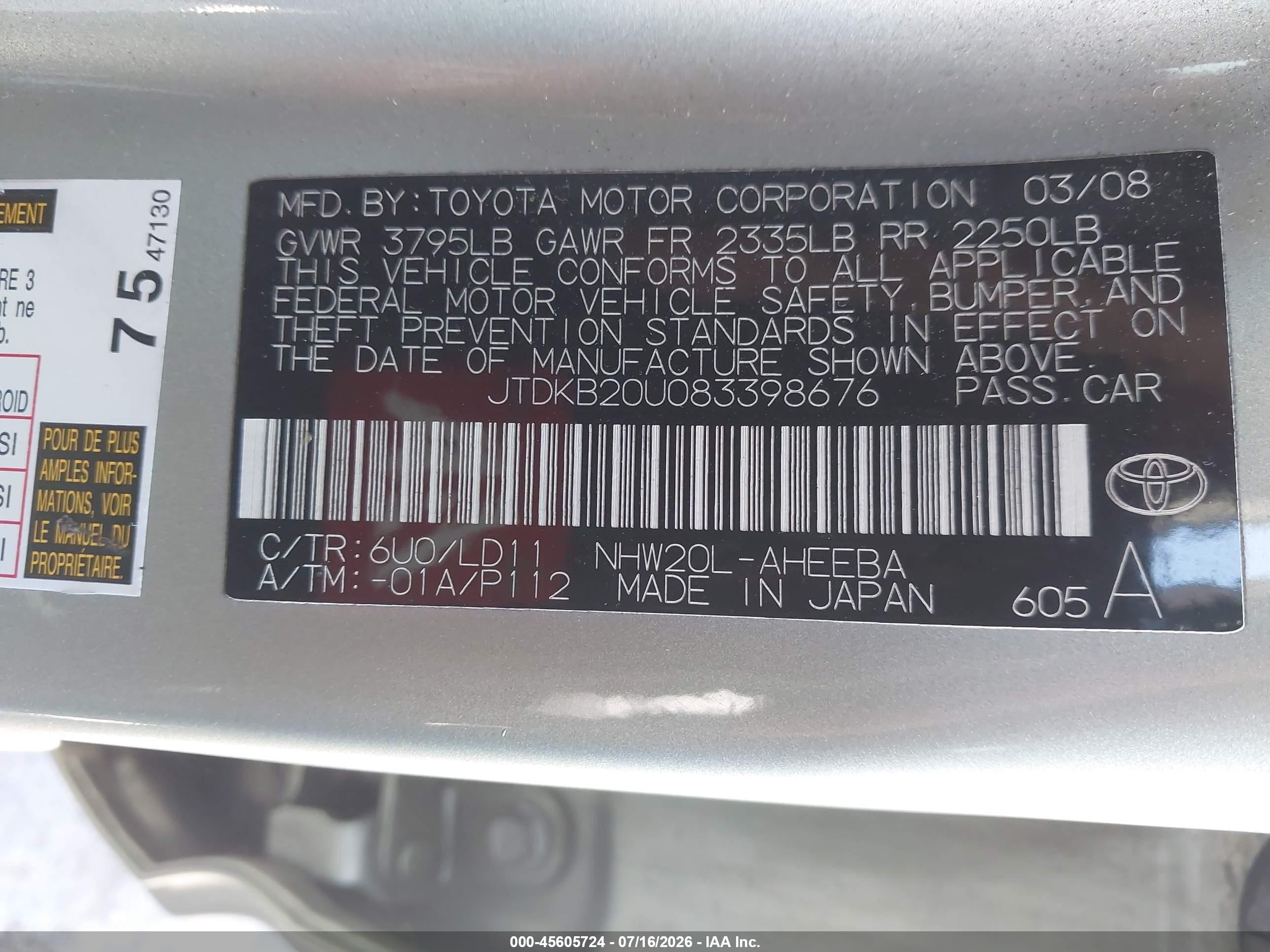 2008 Toyota Prius   Green vin: JTDKB20U083398676