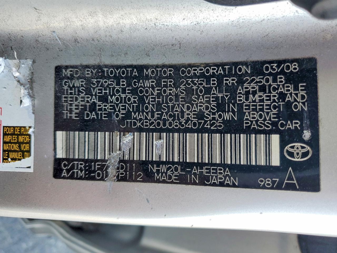 2008 Toyota Prius Base Silver vin: JTDKB20U083407425