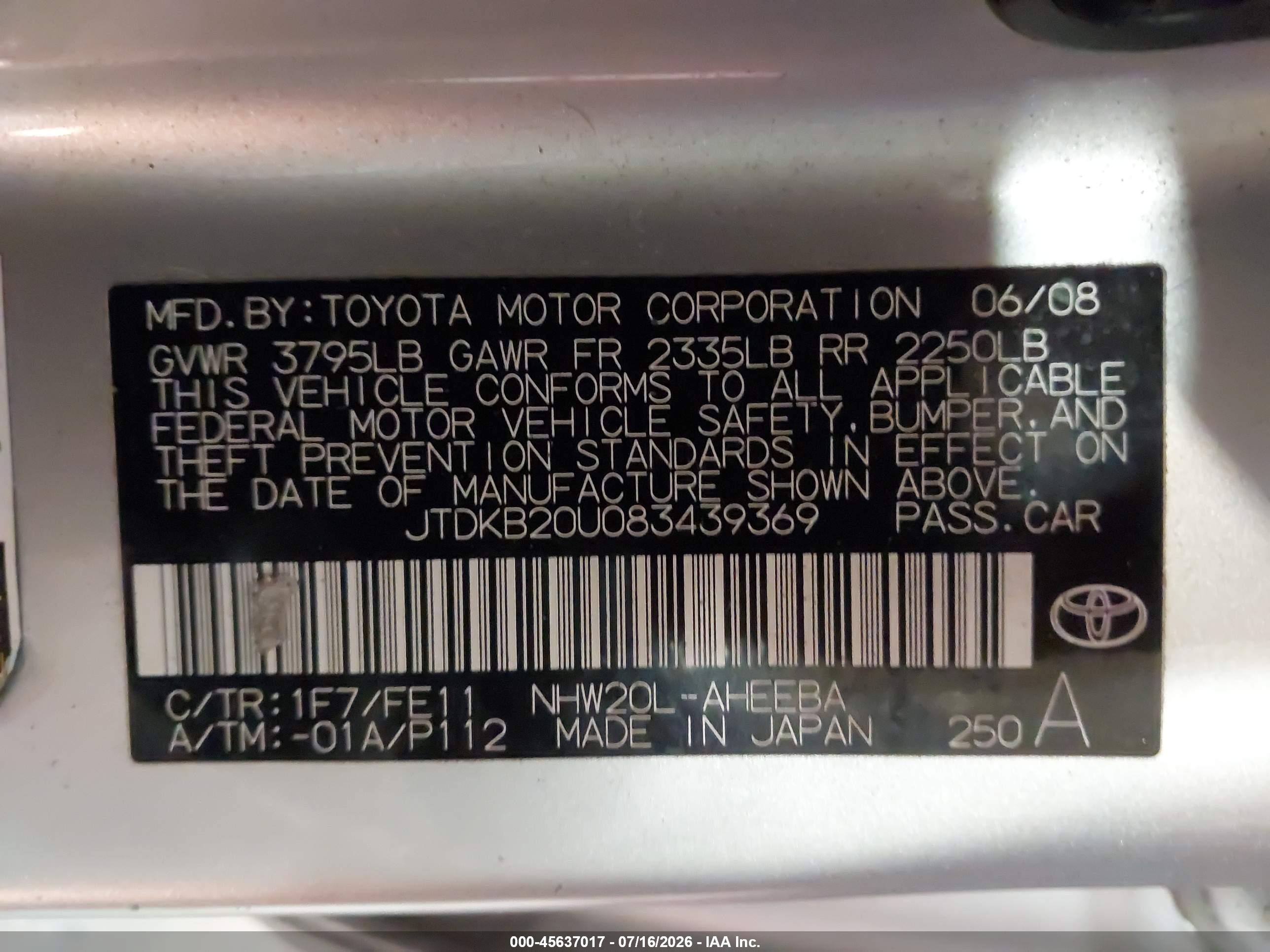 2008 Toyota Prius   Silver vin: JTDKB20U083439369