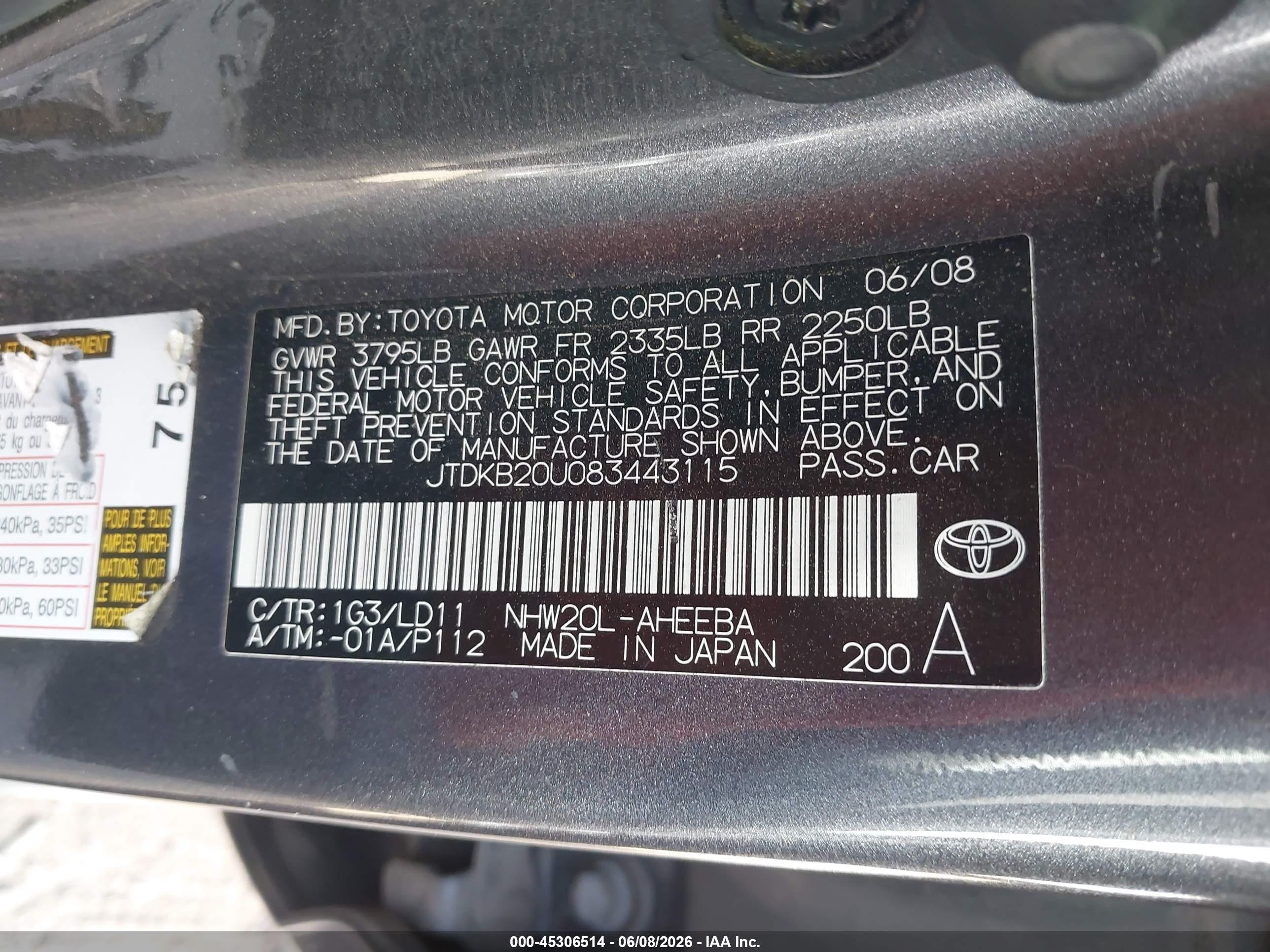 2008 Toyota Prius   Gray vin: JTDKB20U083443115