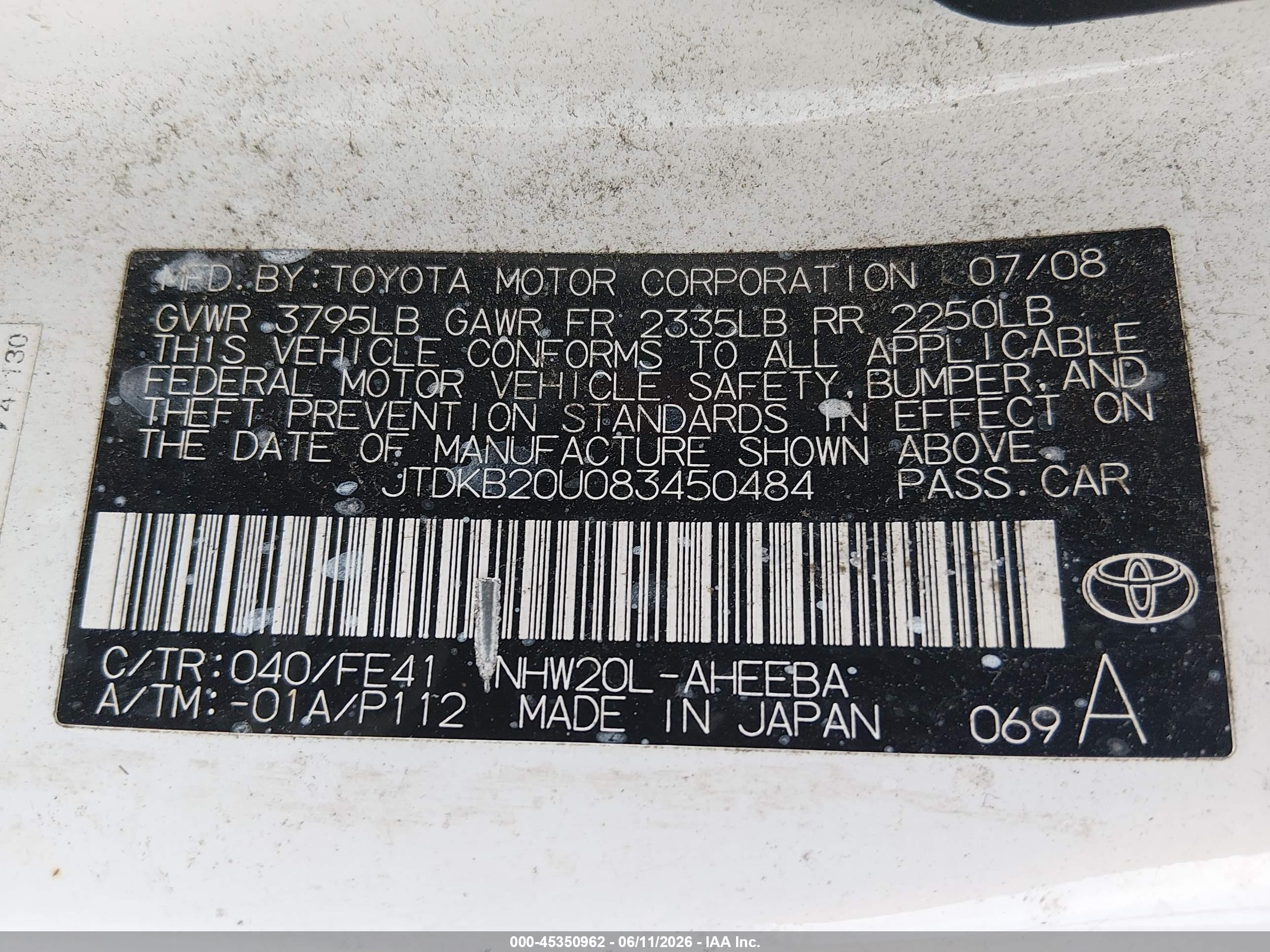 2008 Toyota Prius   White vin: JTDKB20U083450484