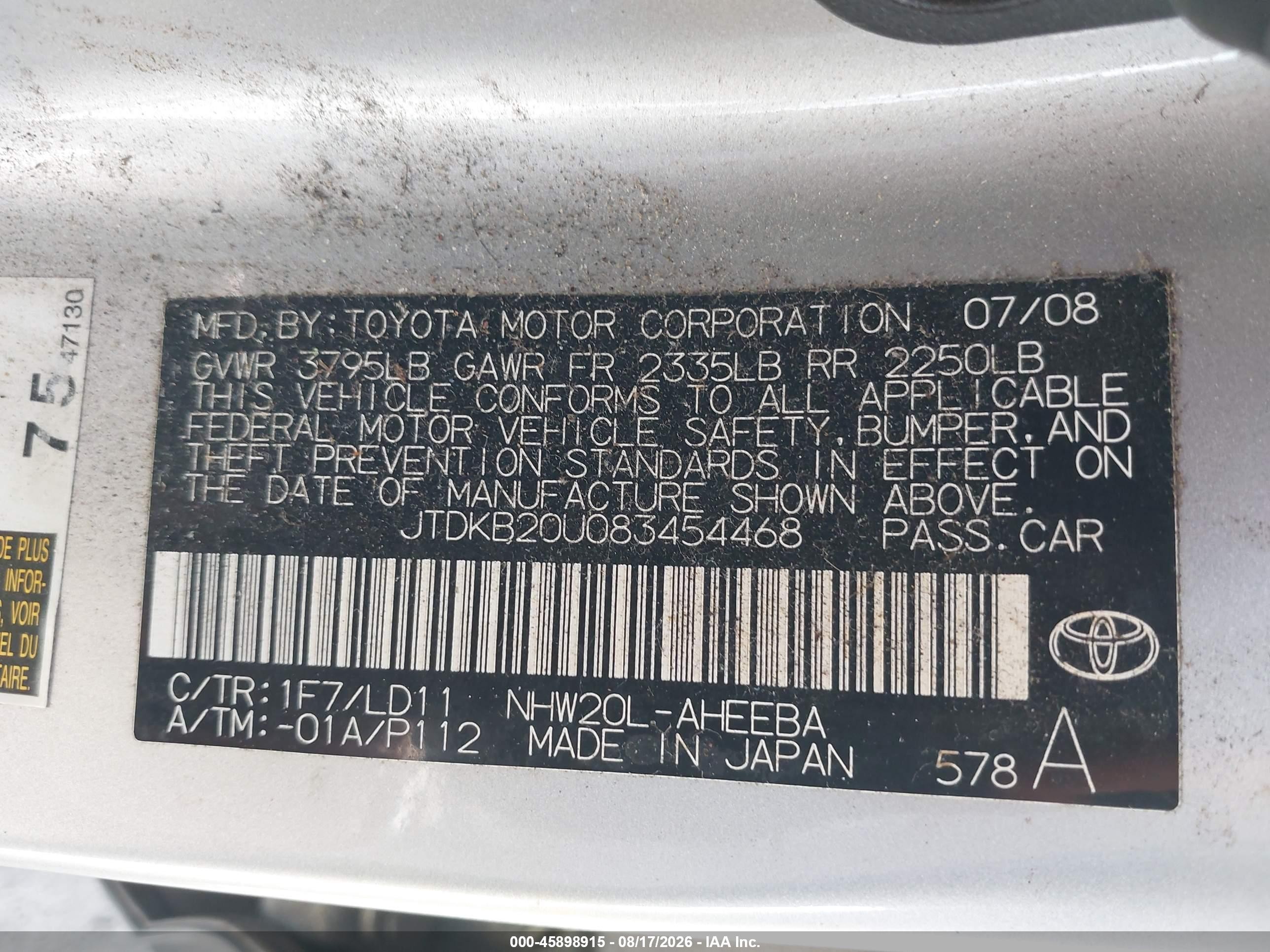 2008 Toyota Prius   Silver vin: JTDKB20U083454468