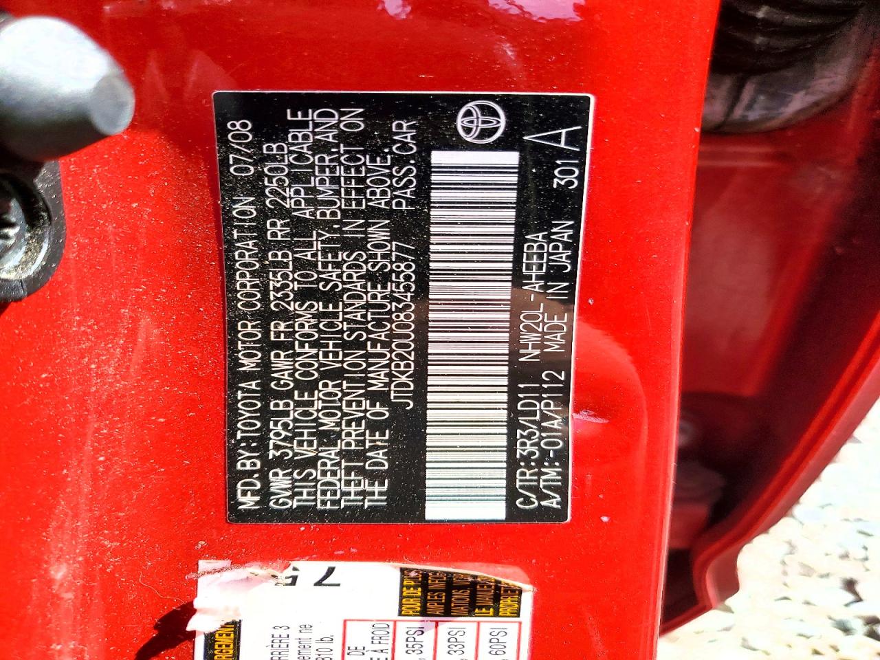 2008 Toyota Prius Base Red vin: JTDKB20U083455877