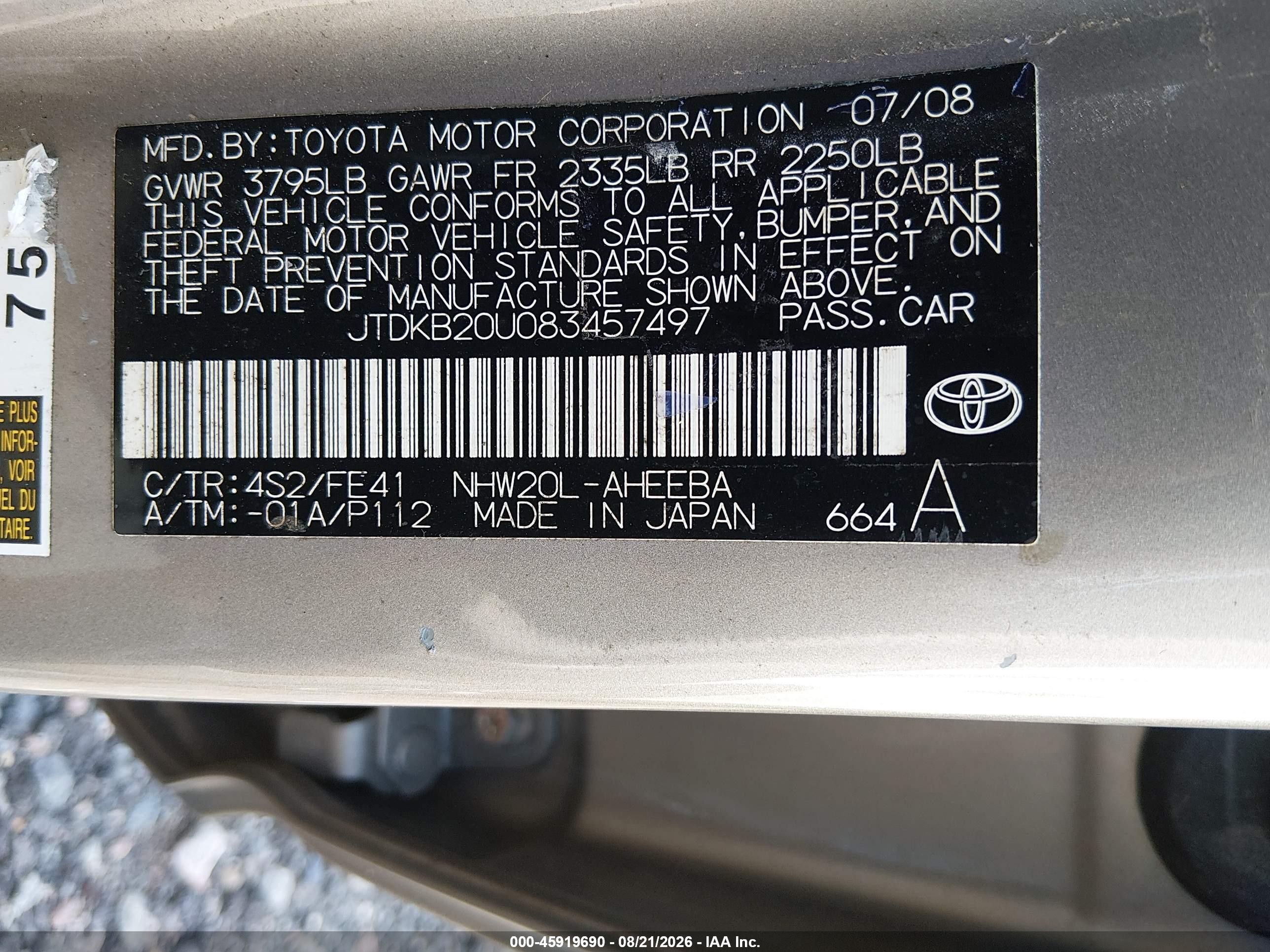 2008 Toyota Prius   Champagne vin: JTDKB20U083457497