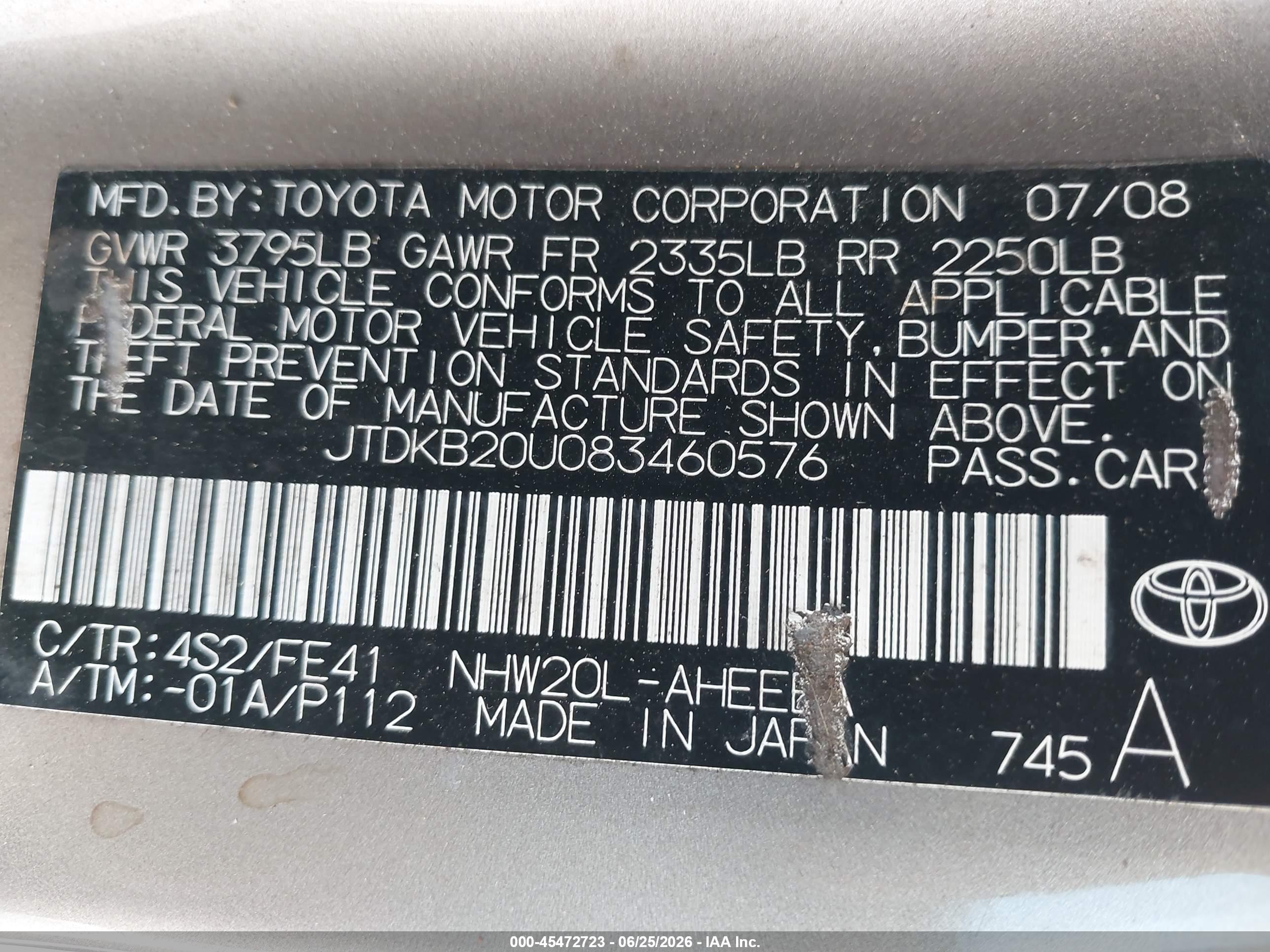 2008 Toyota Prius   Champagne vin: JTDKB20U083460576