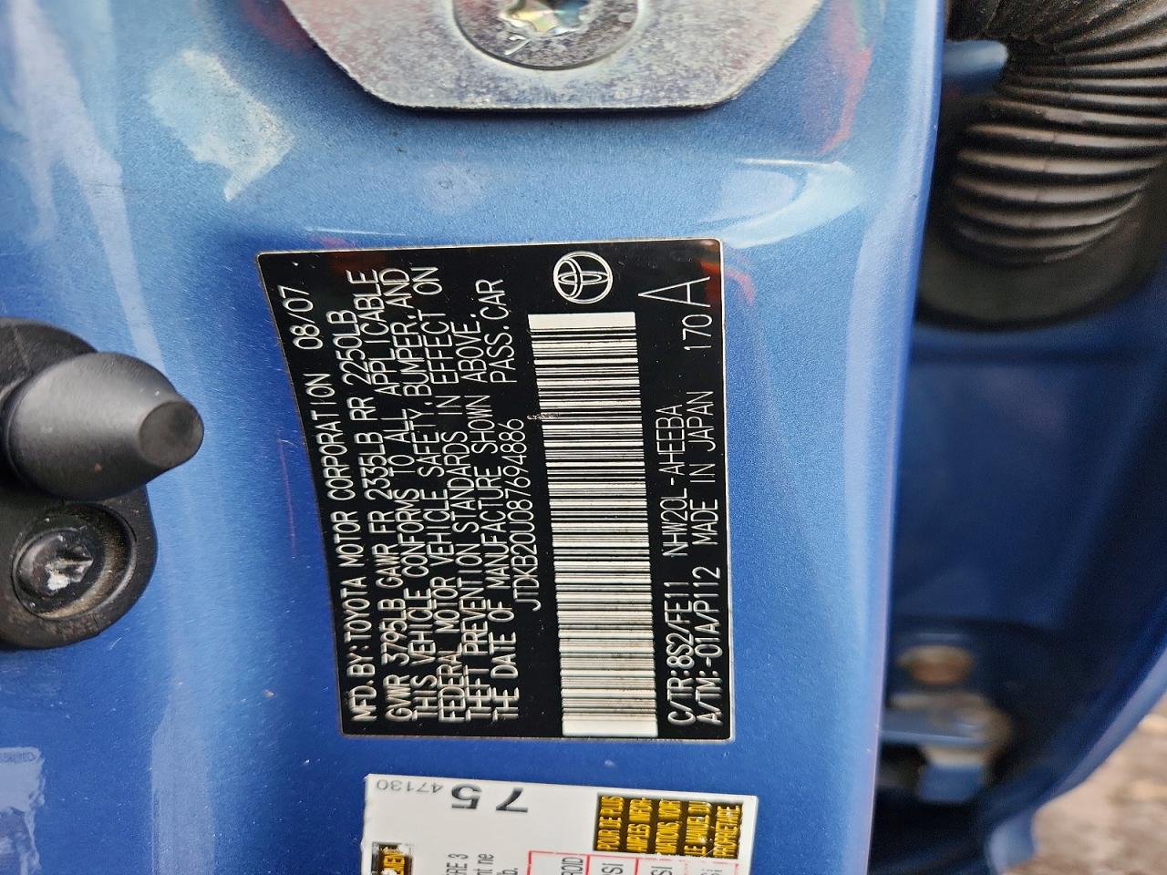 2008 Toyota Prius Base Blue vin: JTDKB20U087694886