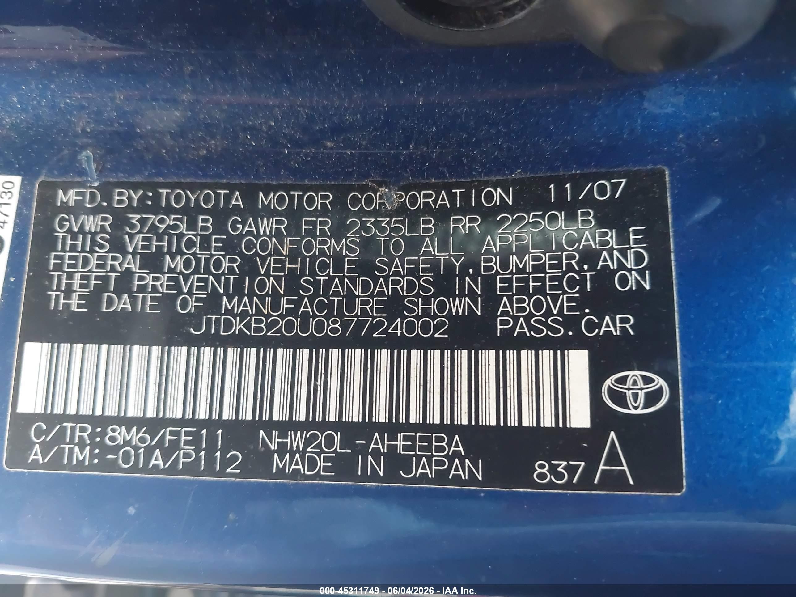 2008 Toyota Prius   Blue vin: JTDKB20U087724002