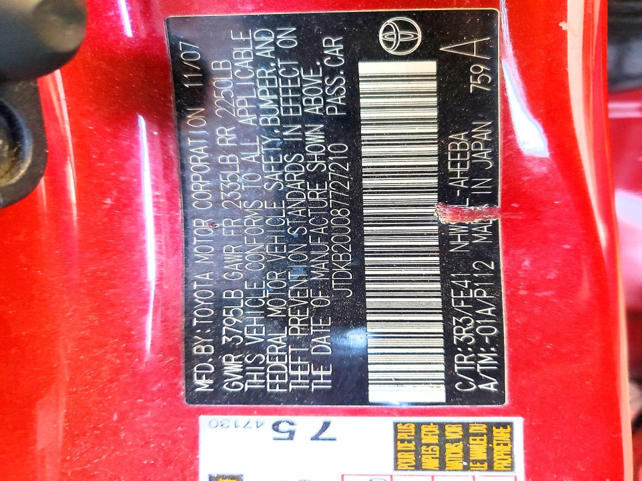 2008 Toyota Prius Base Red vin: JTDKB20U087727210