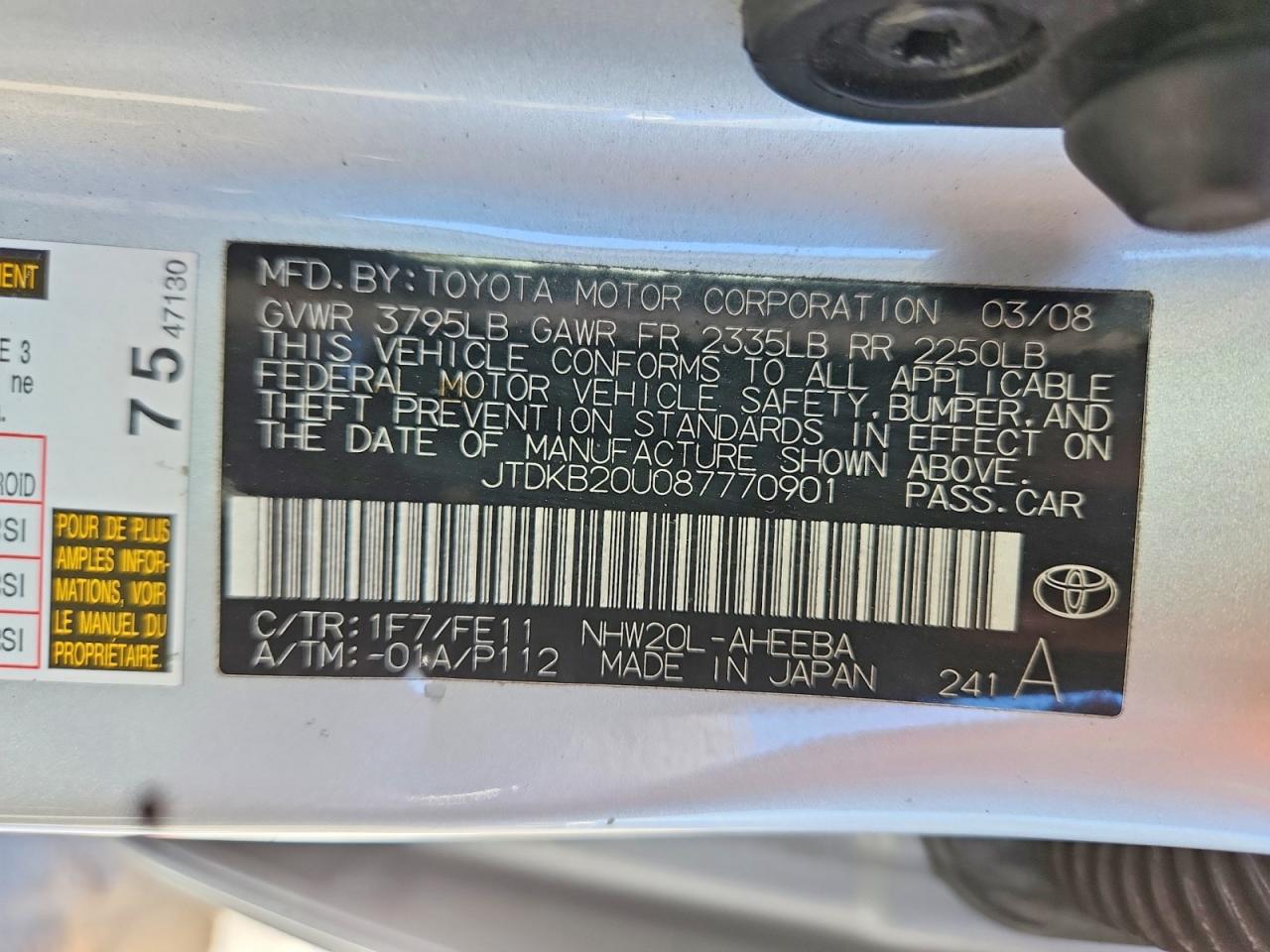 2008 Toyota Prius Base Silver vin: JTDKB20U087770901