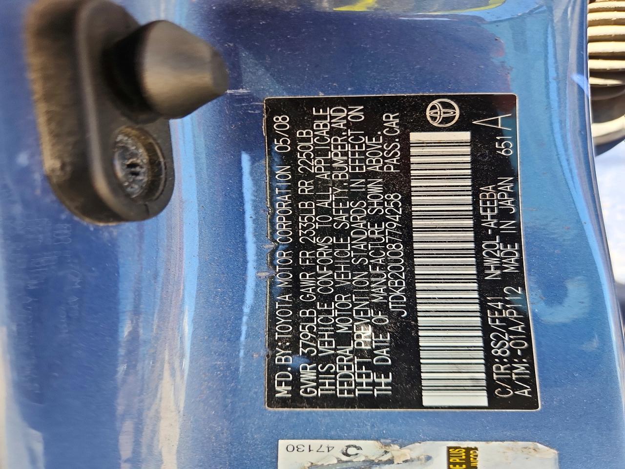2008 Toyota Prius Base Blue vin: JTDKB20U087794258