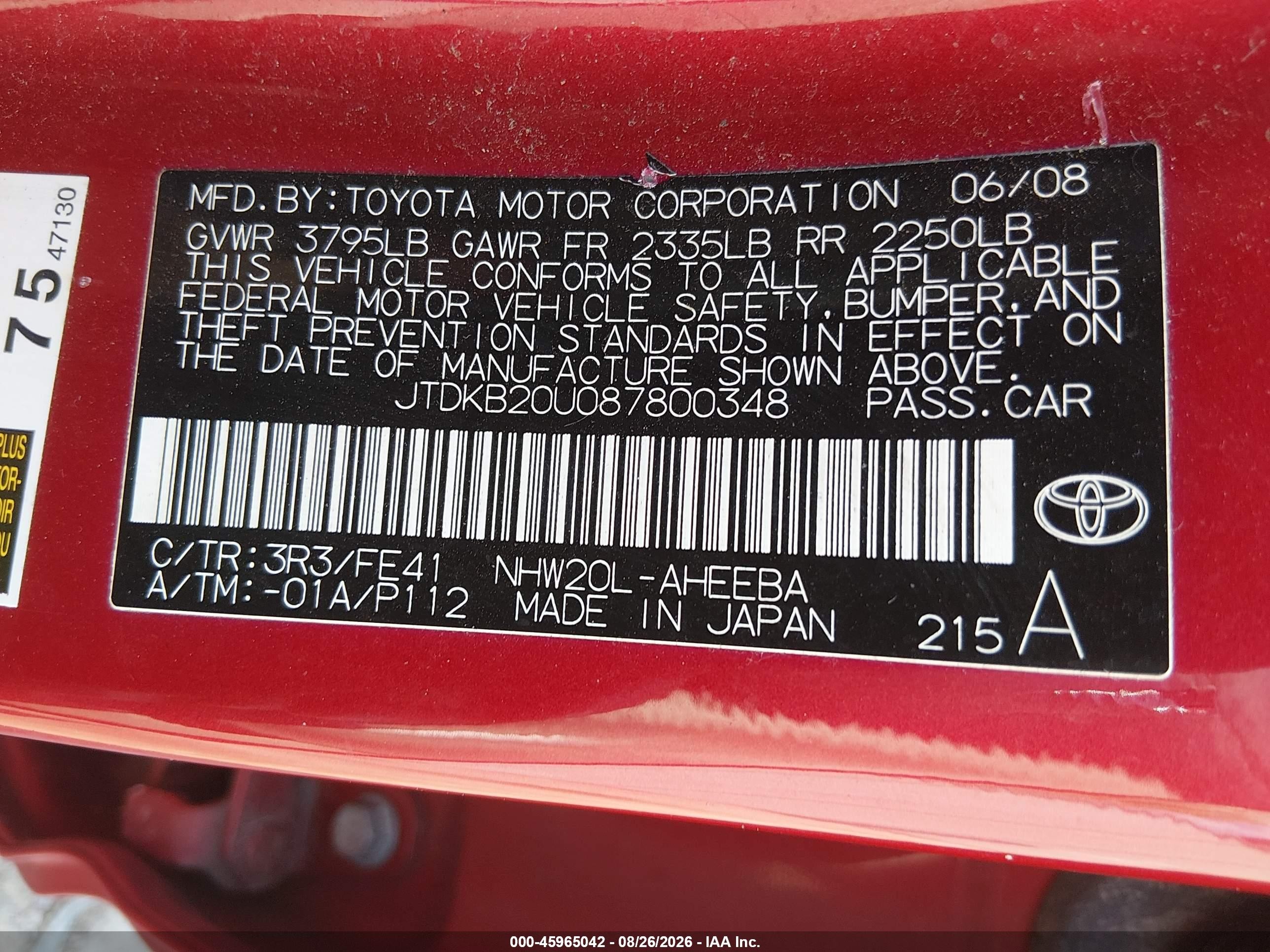 2008 Toyota Prius   Красный vin: JTDKB20U087800348