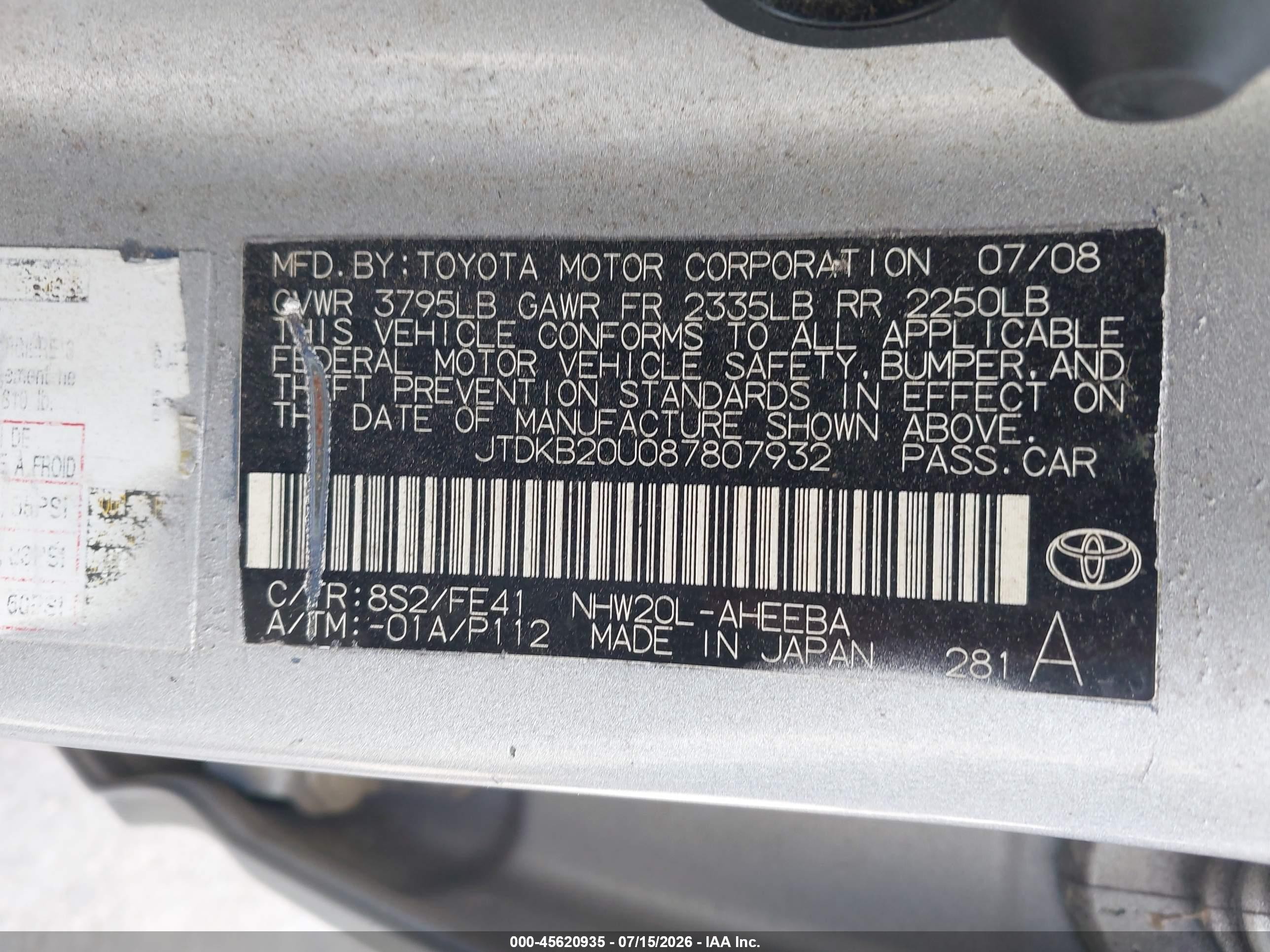 2008 Toyota Prius   Gray vin: JTDKB20U087807932