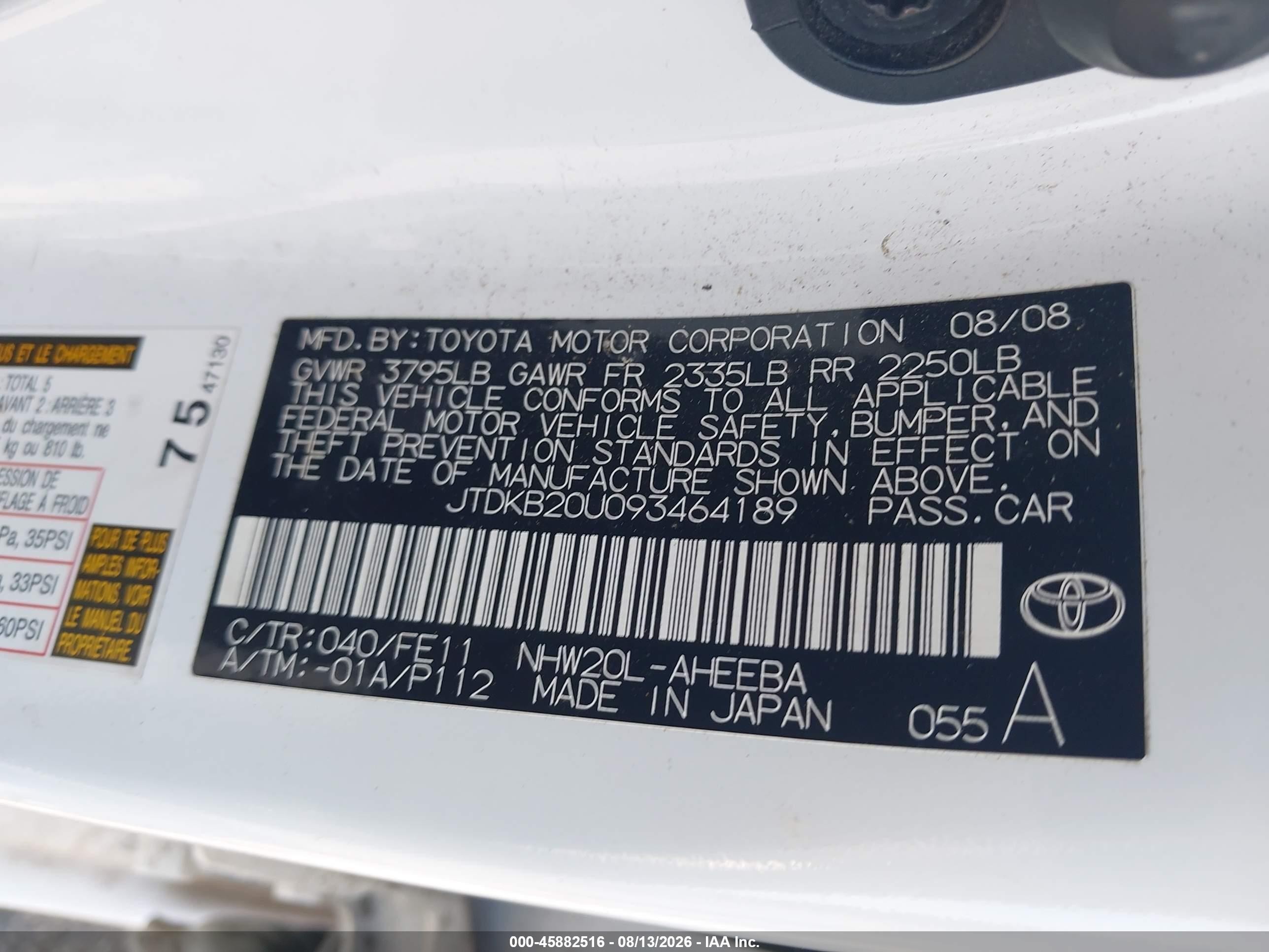 2009 Toyota Prius   White vin: JTDKB20U093464189