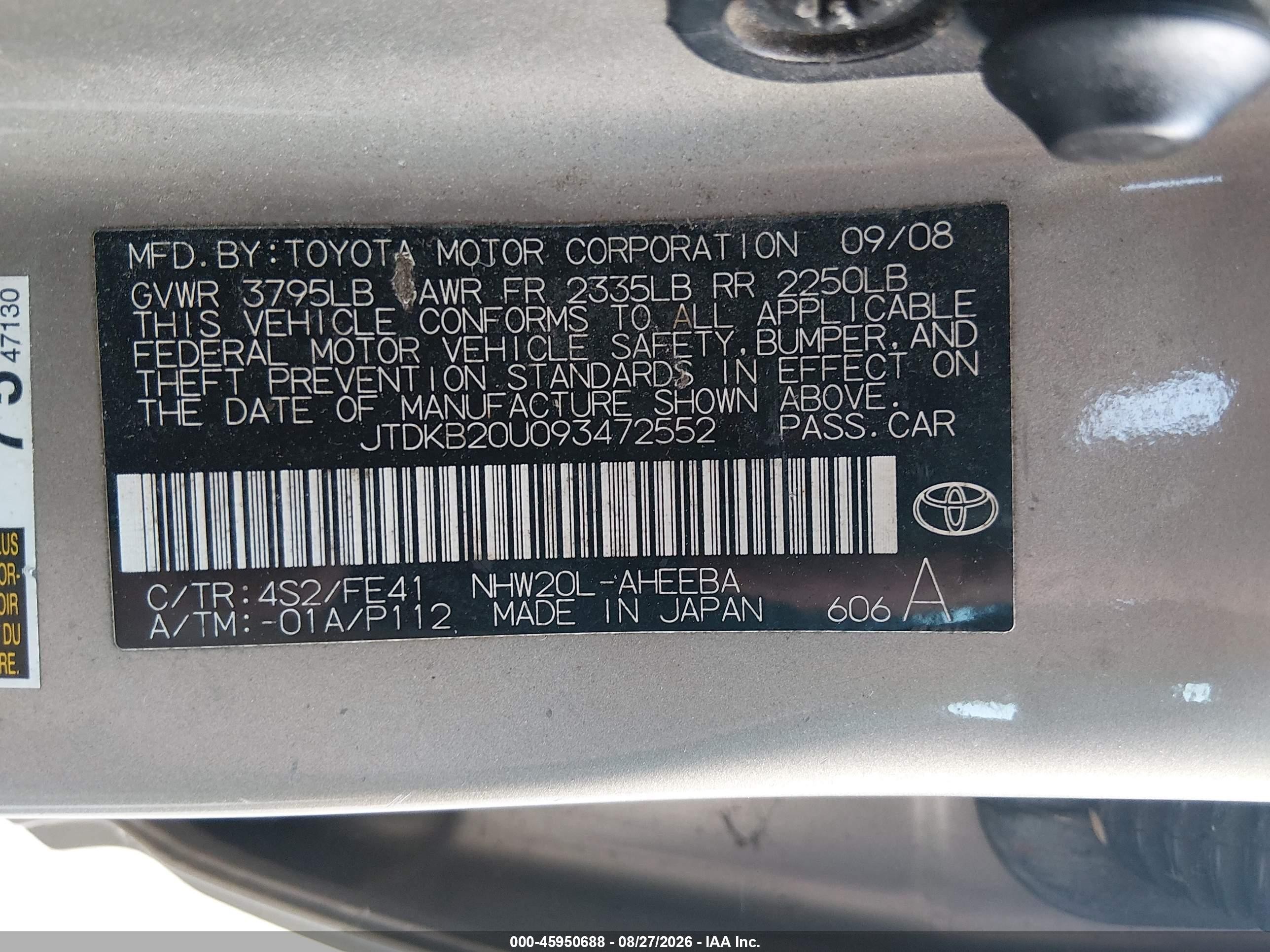 2009 Toyota Prius   Gold vin: JTDKB20U093472552