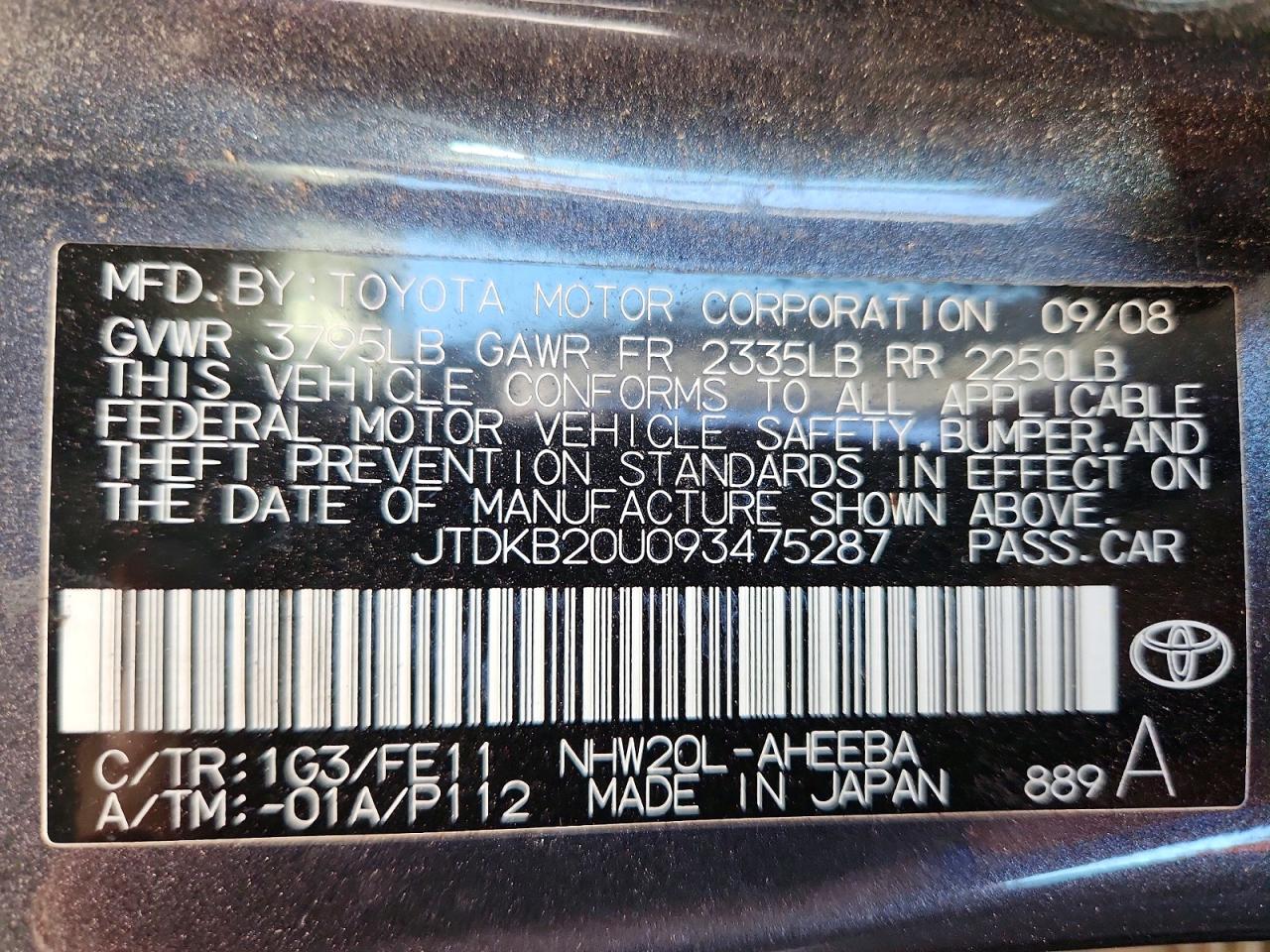 2009 Toyota Prius Base Charcoal vin: JTDKB20U093475287