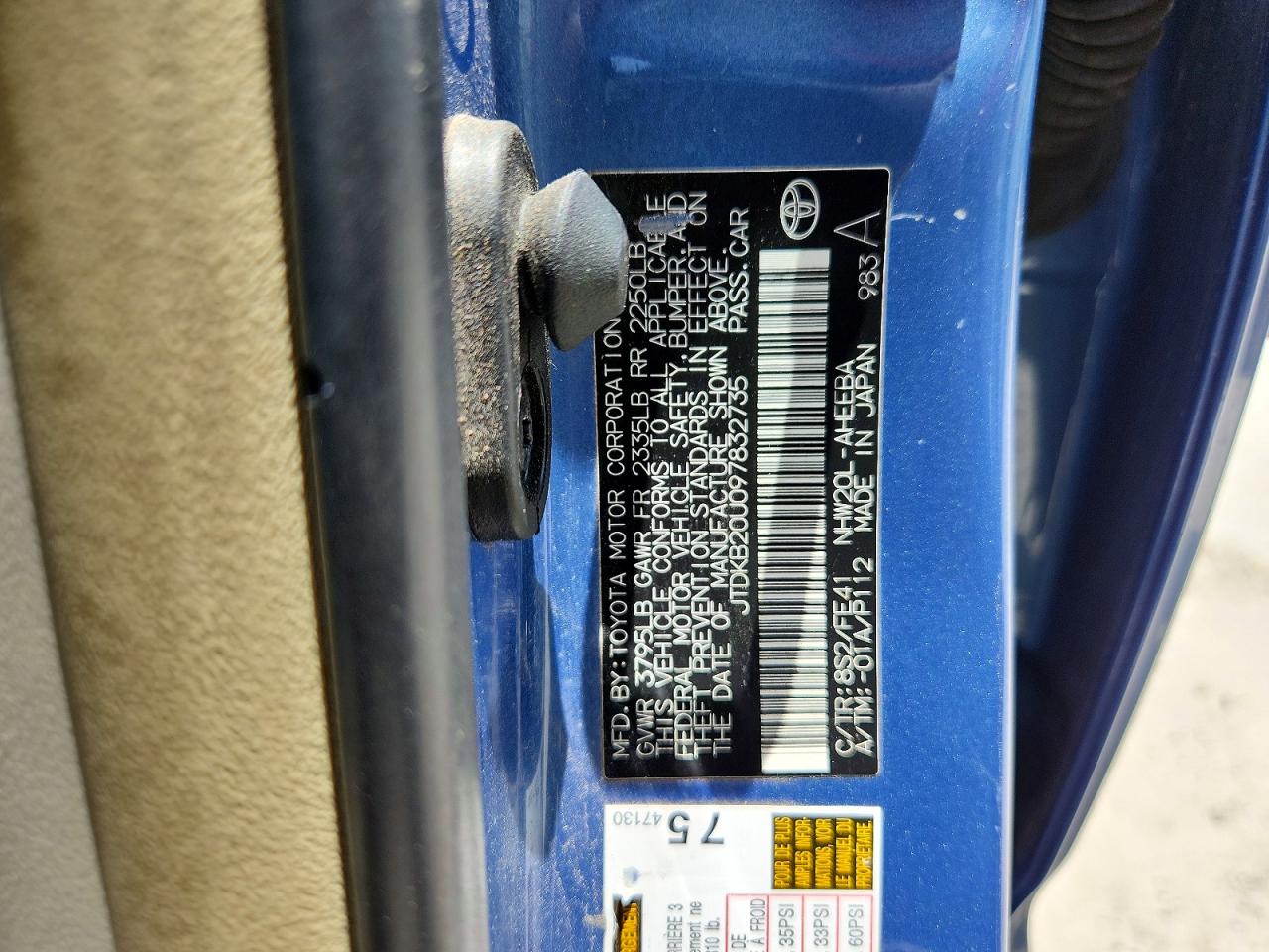 2009 Toyota Prius Base Blue vin: JTDKB20U097832735