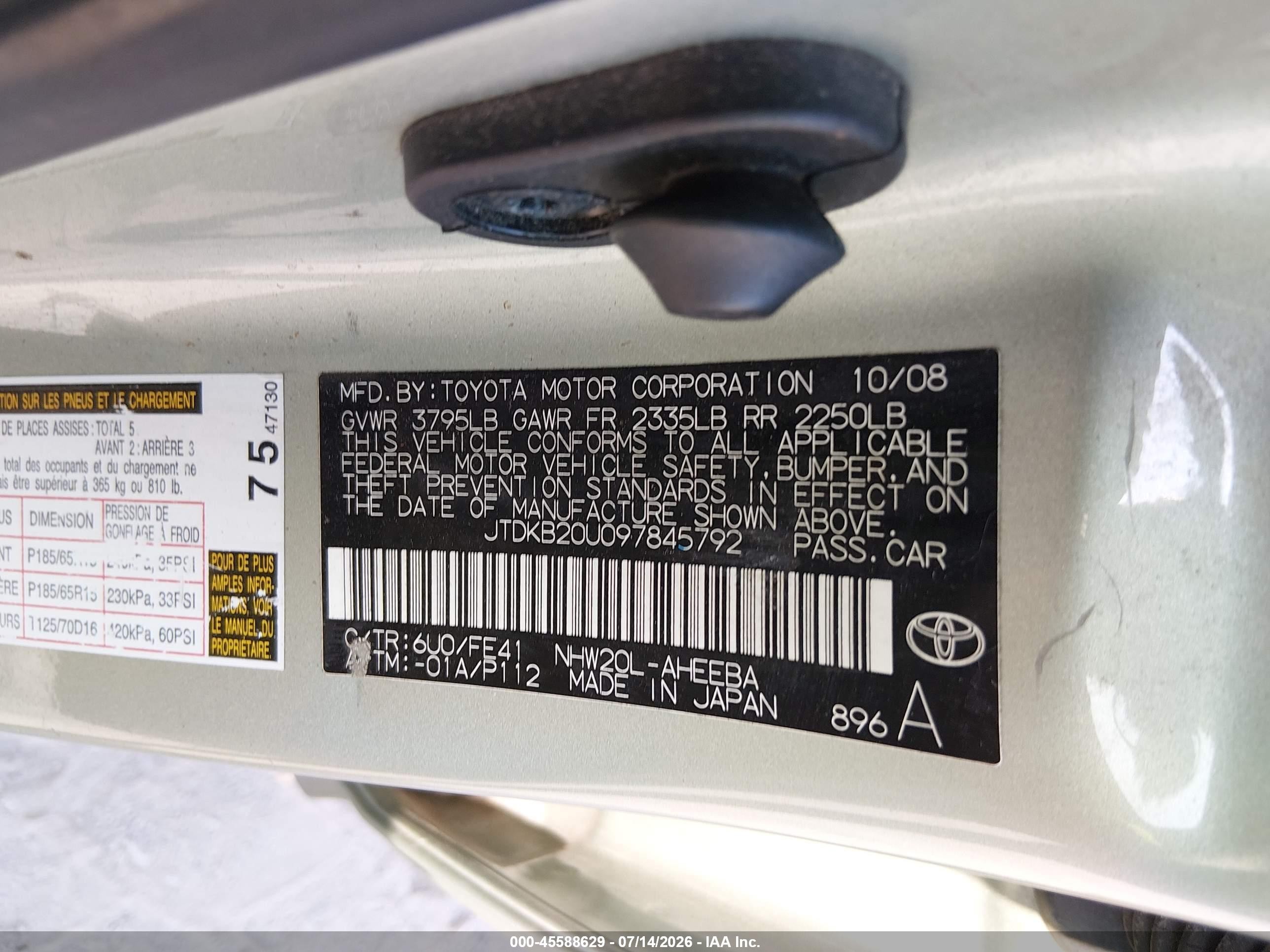 2009 Toyota Prius   Green vin: JTDKB20U097845792