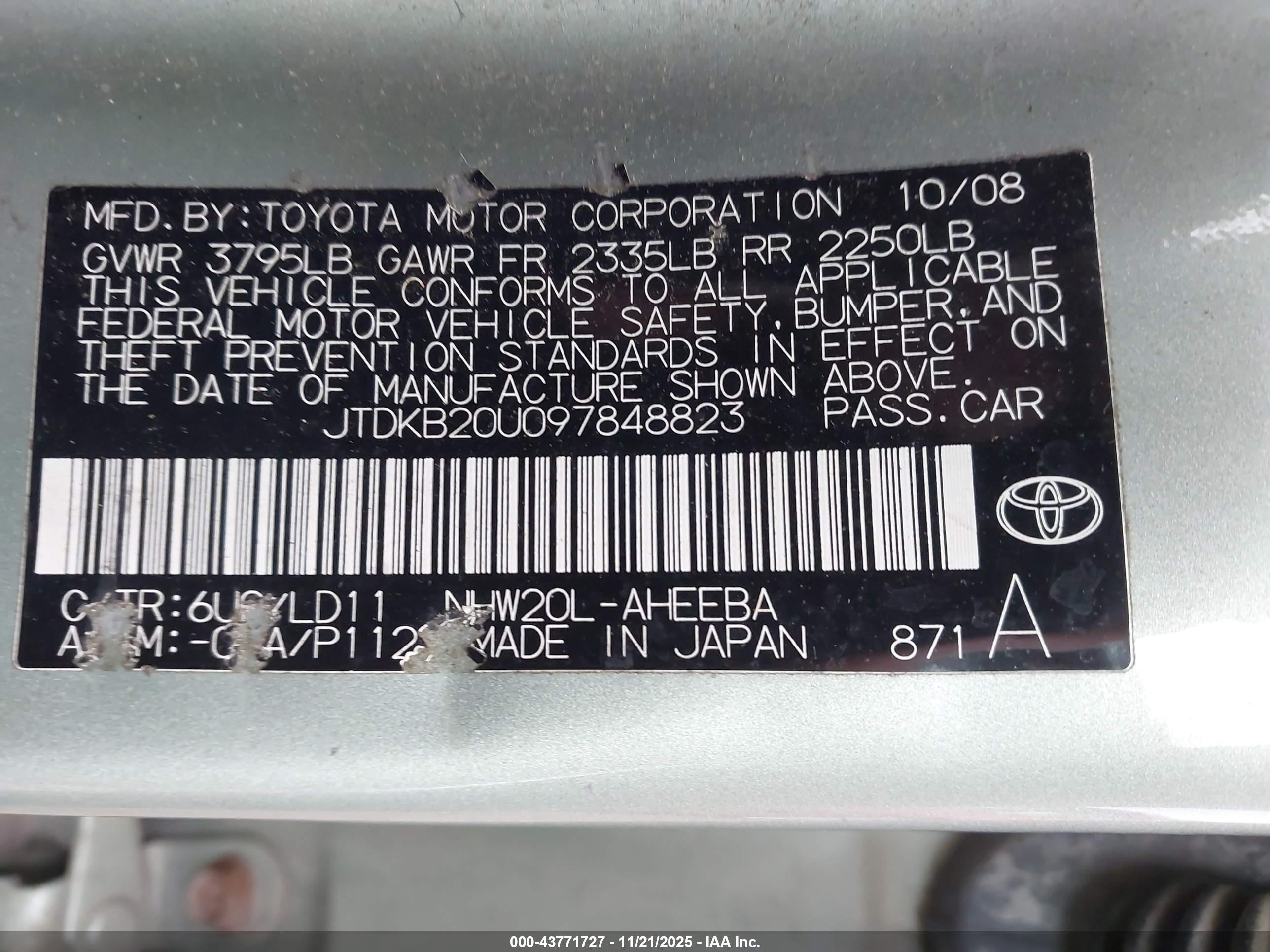 2009 Toyota Prius   Green vin: JTDKB20U097848823