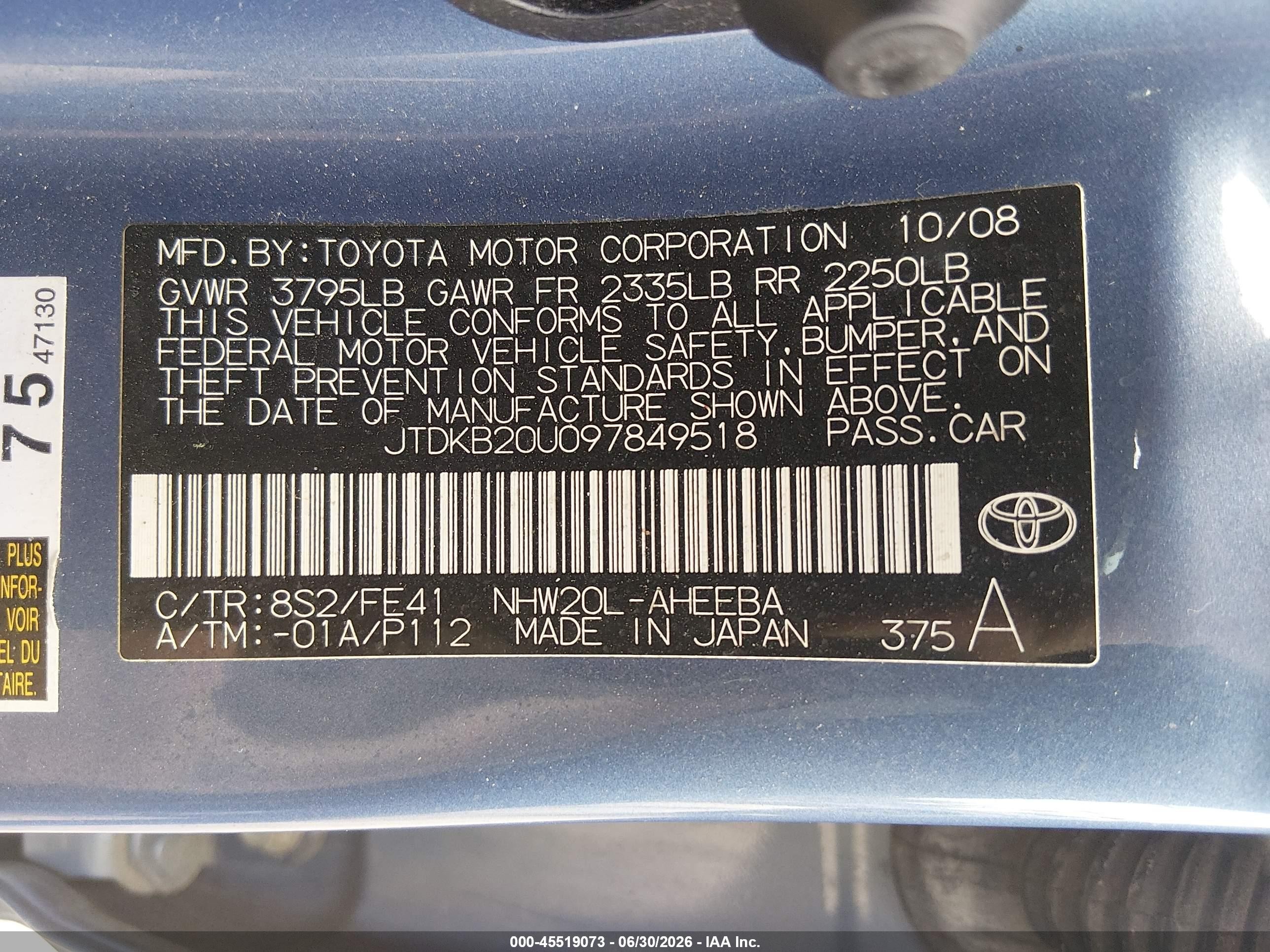 2009 Toyota Prius   Blue vin: JTDKB20U097849518