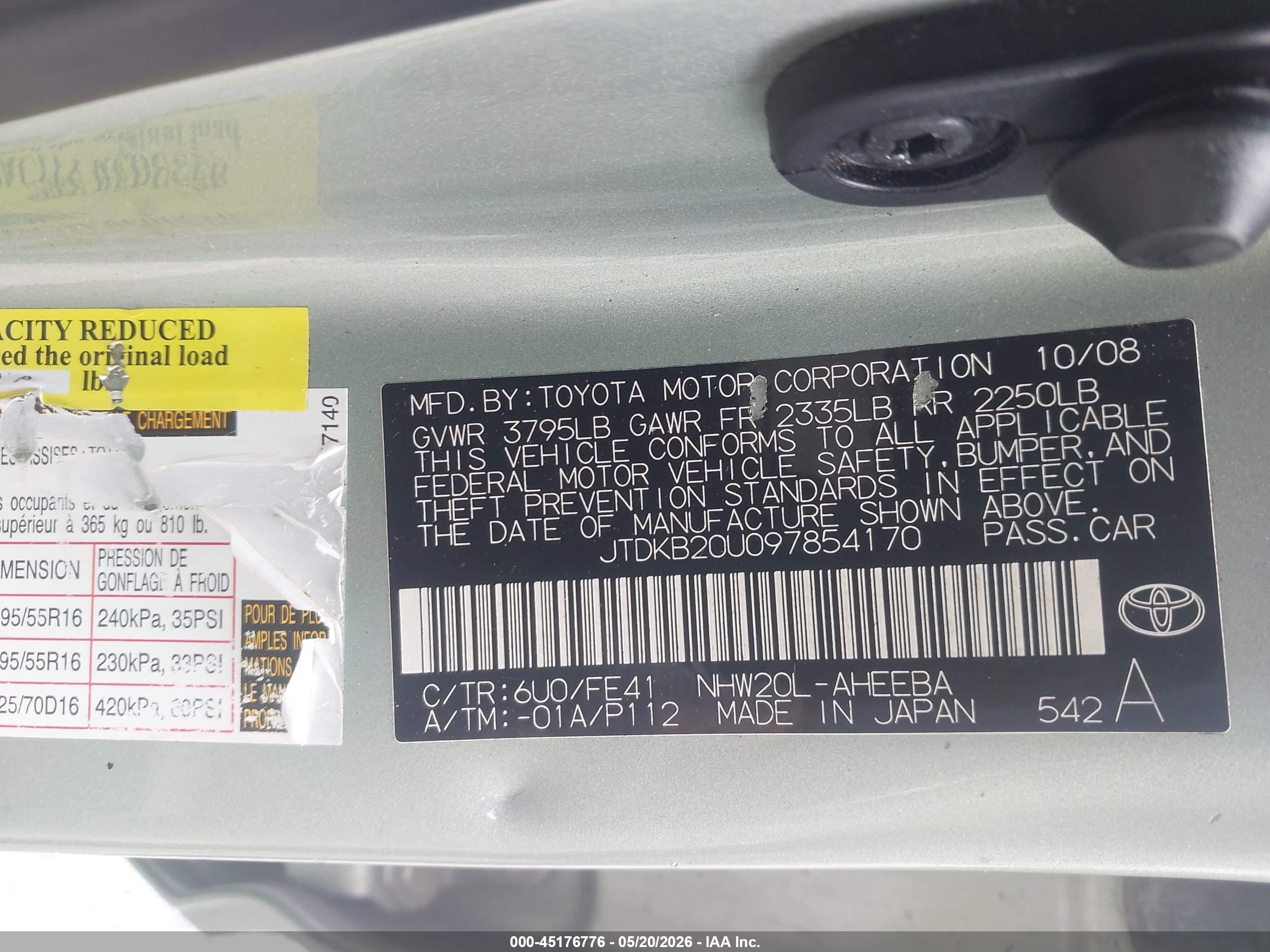 2009 Toyota Prius Touring Green vin: JTDKB20U097854170