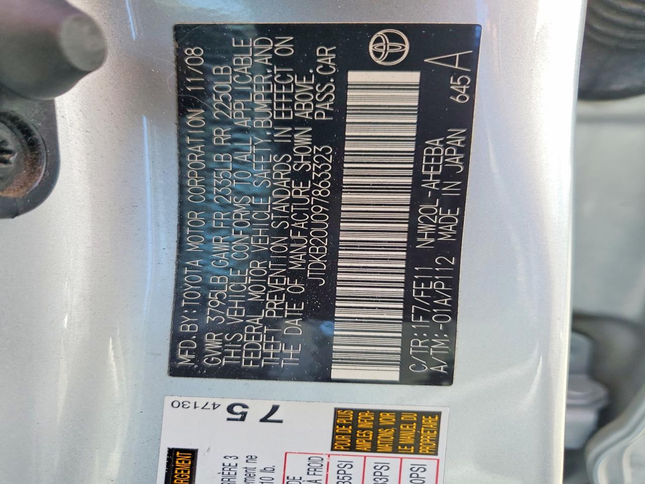 2009 Toyota Prius Base Silver vin: JTDKB20U097863323