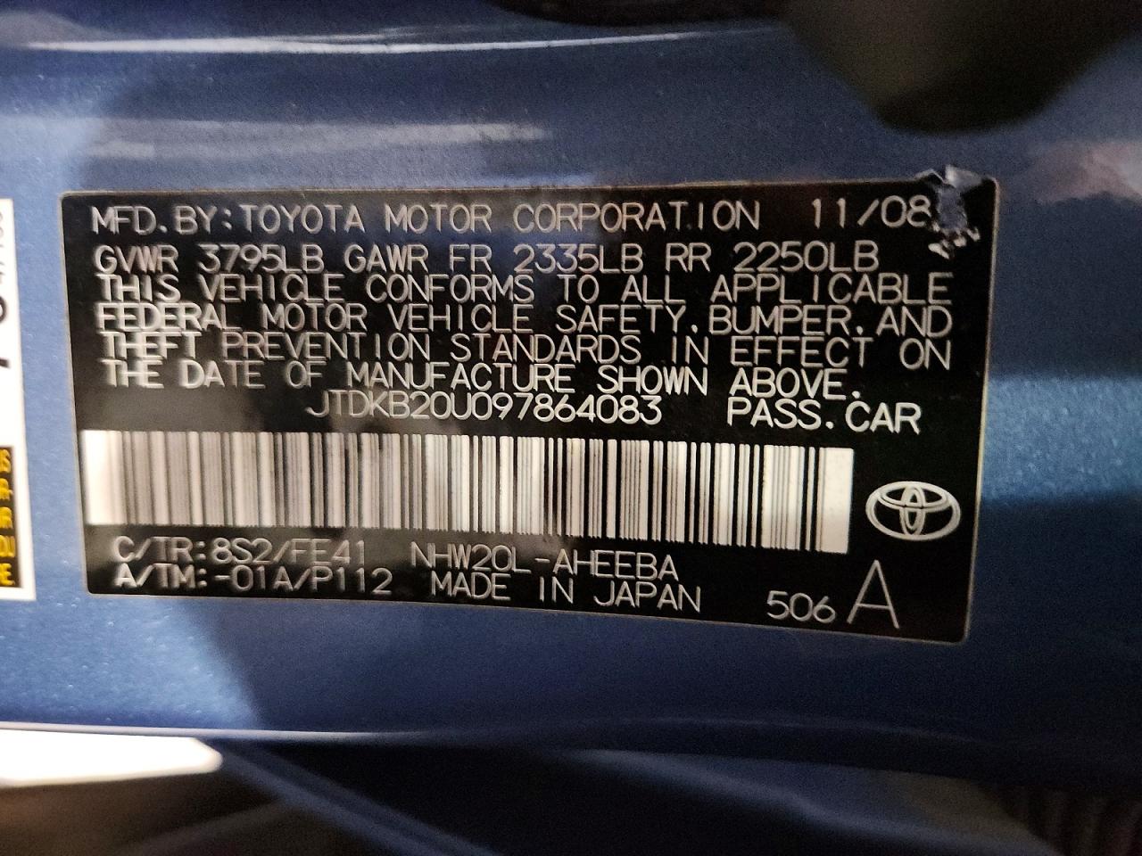 2009 Toyota Prius Base Blue vin: JTDKB20U097864083