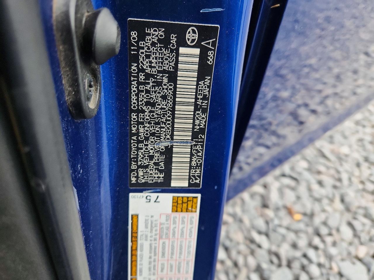 2009 Toyota Prius Base Blue vin: JTDKB20U097865900