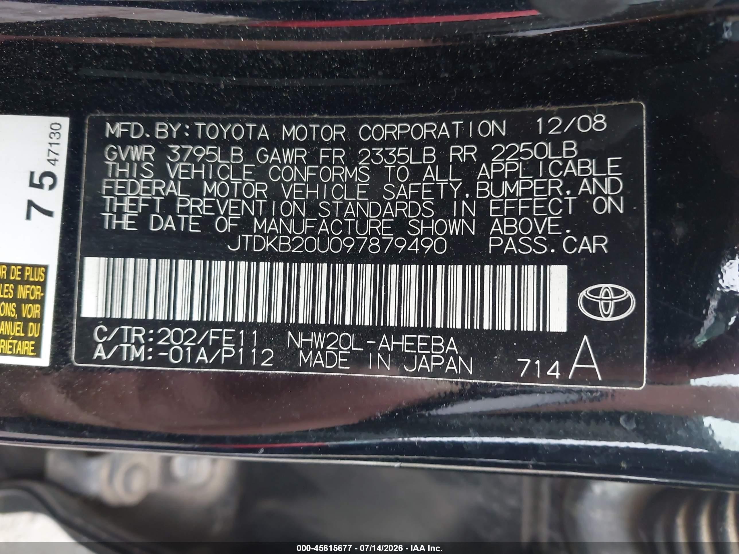 2009 Toyota Prius   Black vin: JTDKB20U097879490
