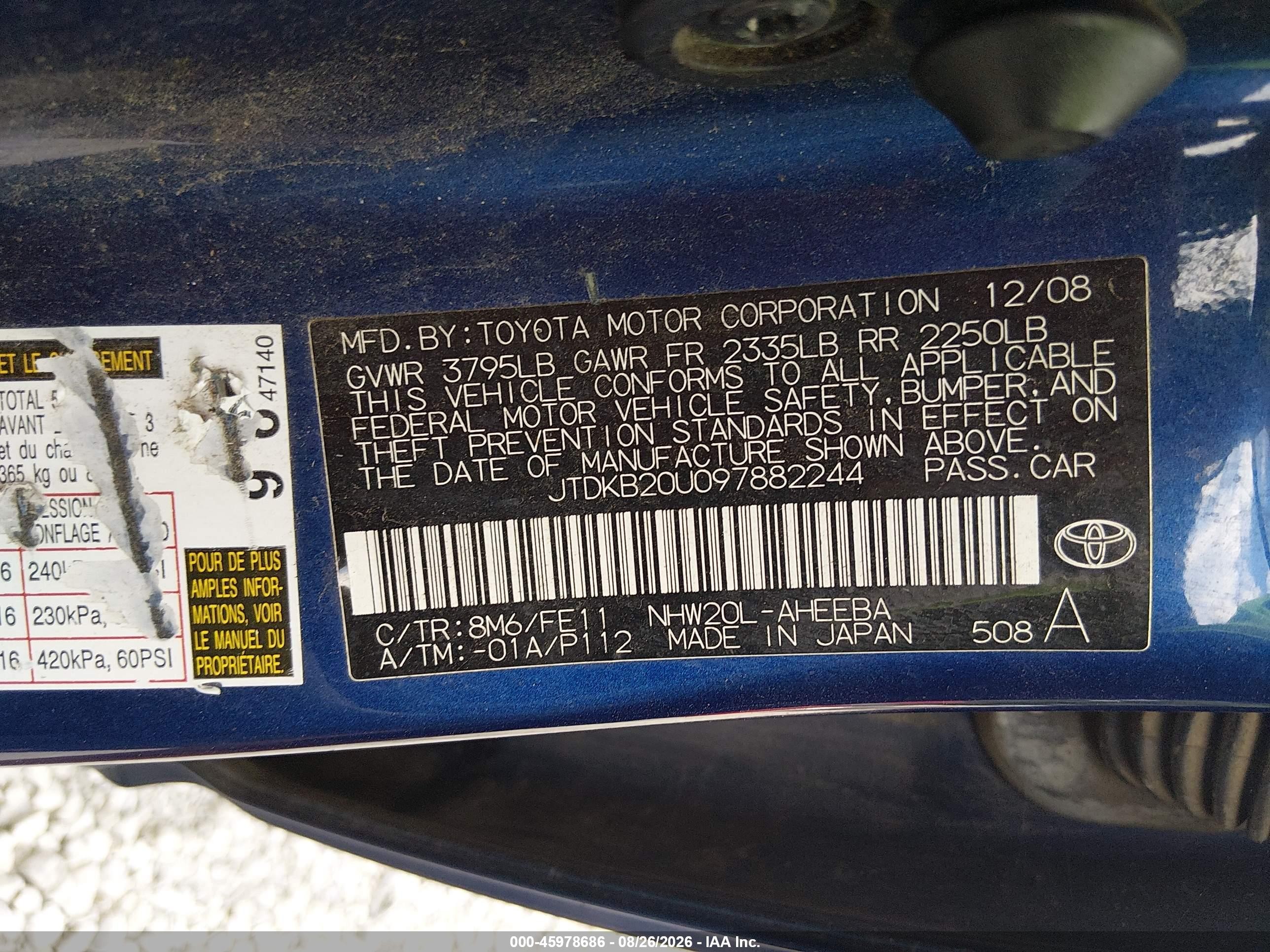 2009 Toyota Prius Touring Blue vin: JTDKB20U097882244