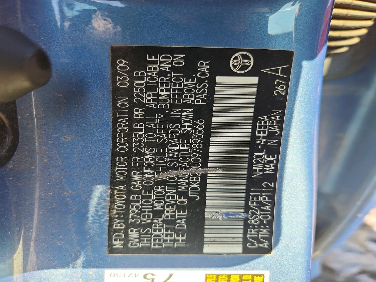 2009 Toyota Prius Base Blue vin: JTDKB20U097893566