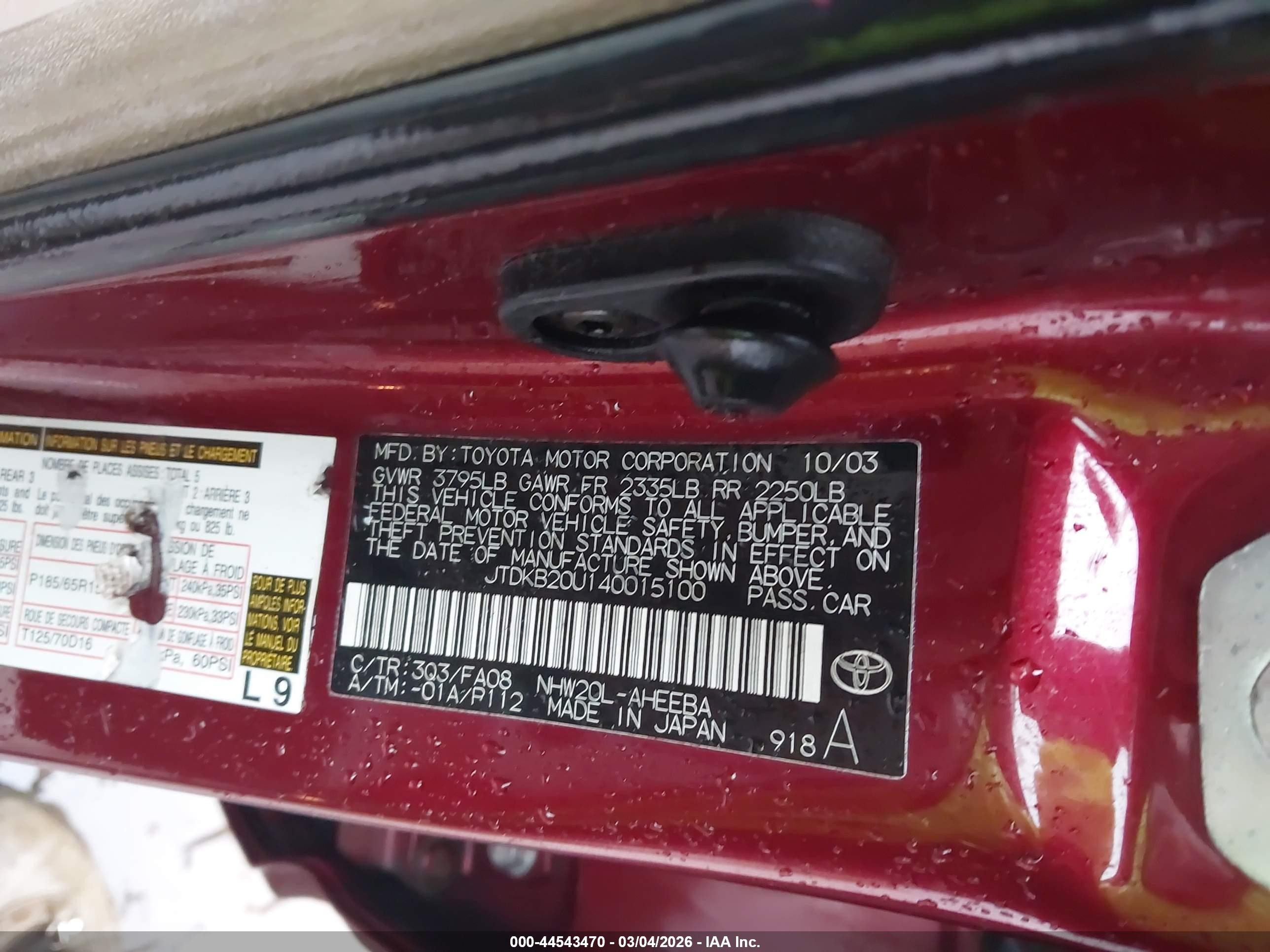 2004 Toyota Prius Red vin: JTDKB20U140015100