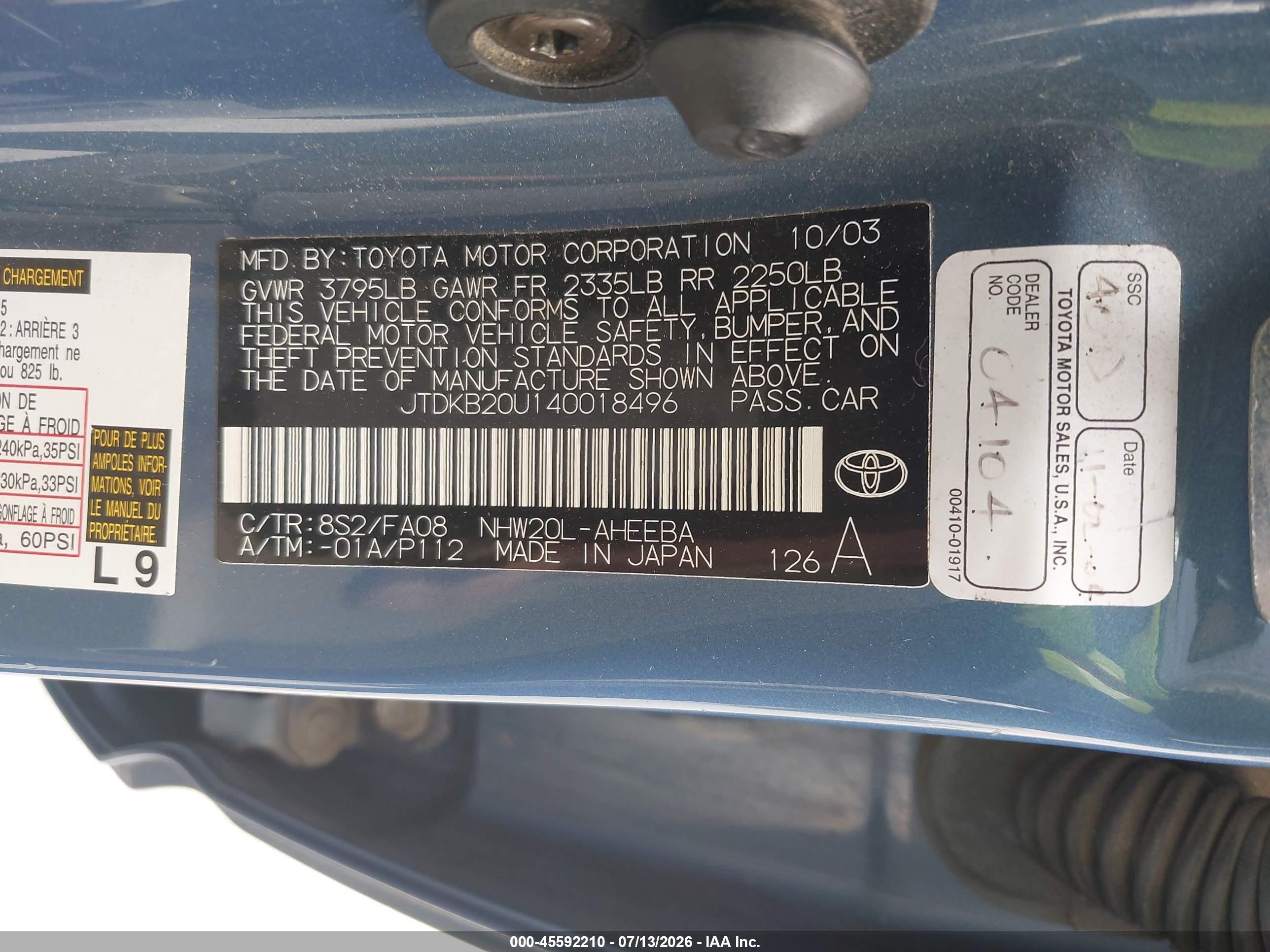 2004 Toyota Prius   Blue vin: JTDKB20U140018496