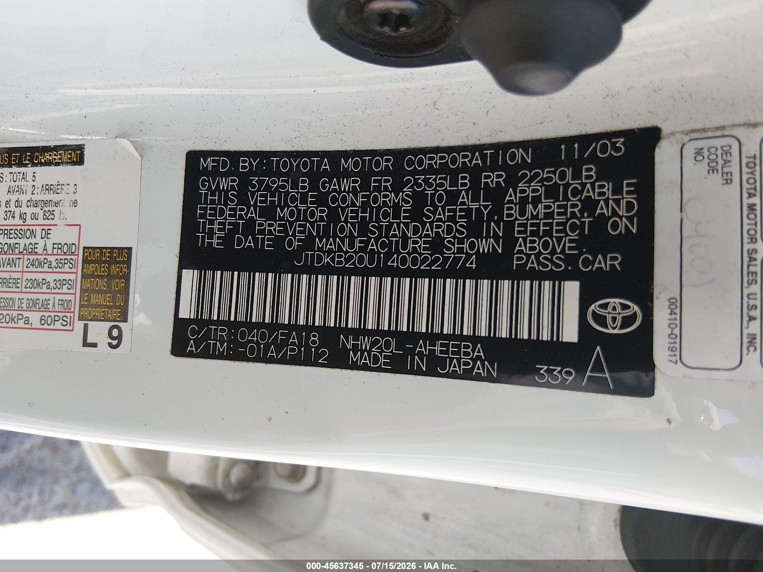 2004 Toyota Prius   White vin: JTDKB20U140022774