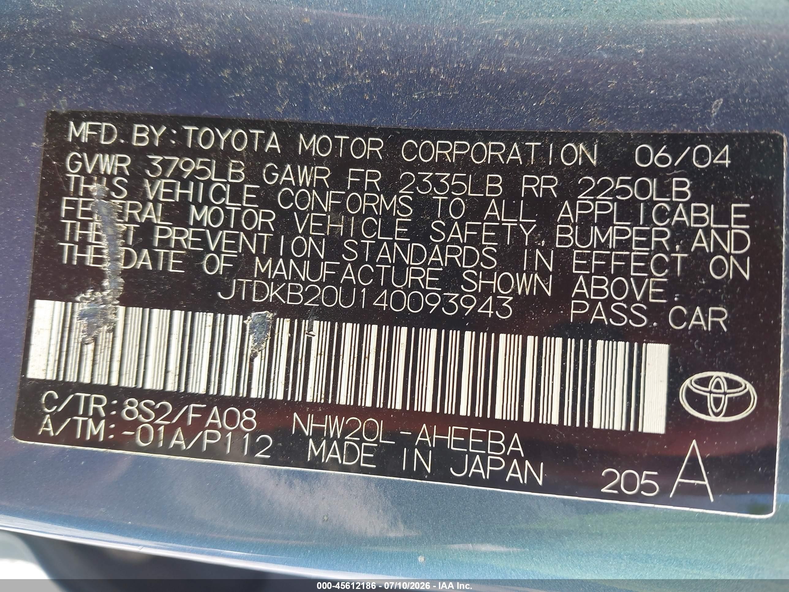 2004 Toyota Prius Blue vin: JTDKB20U140093943