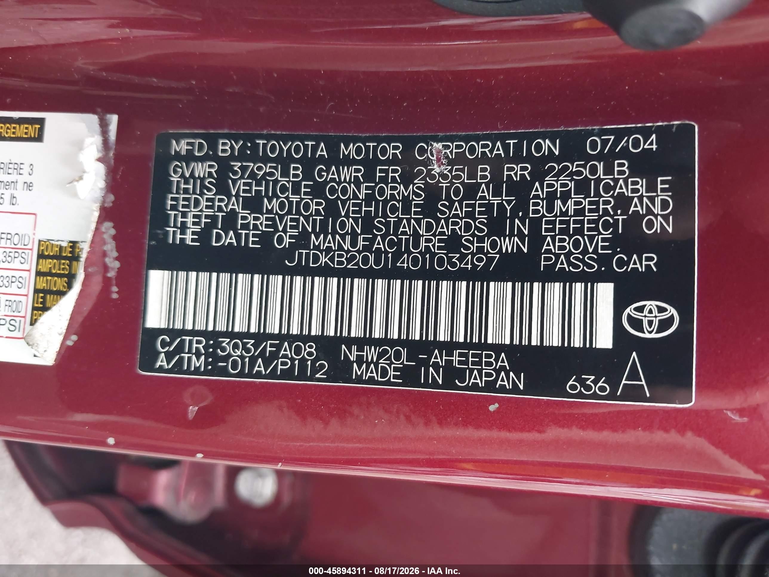 2004 Toyota Prius   Red vin: JTDKB20U140103497