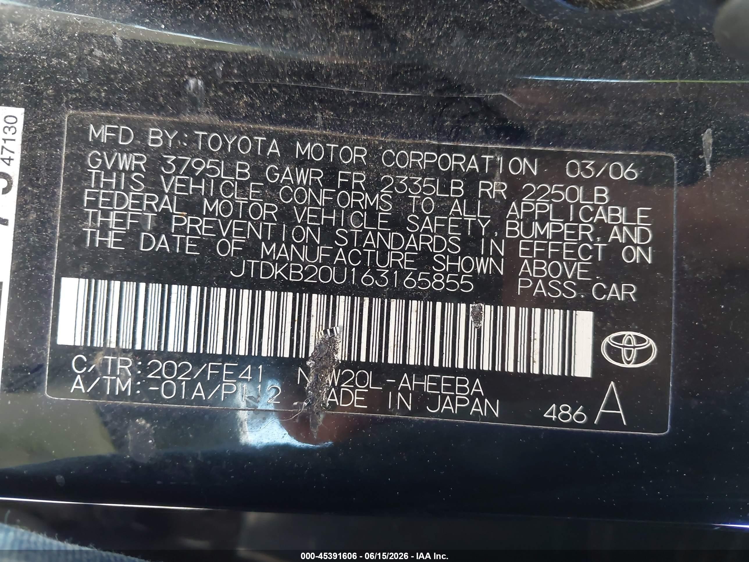 2006 Toyota Prius   Black vin: JTDKB20U163165855