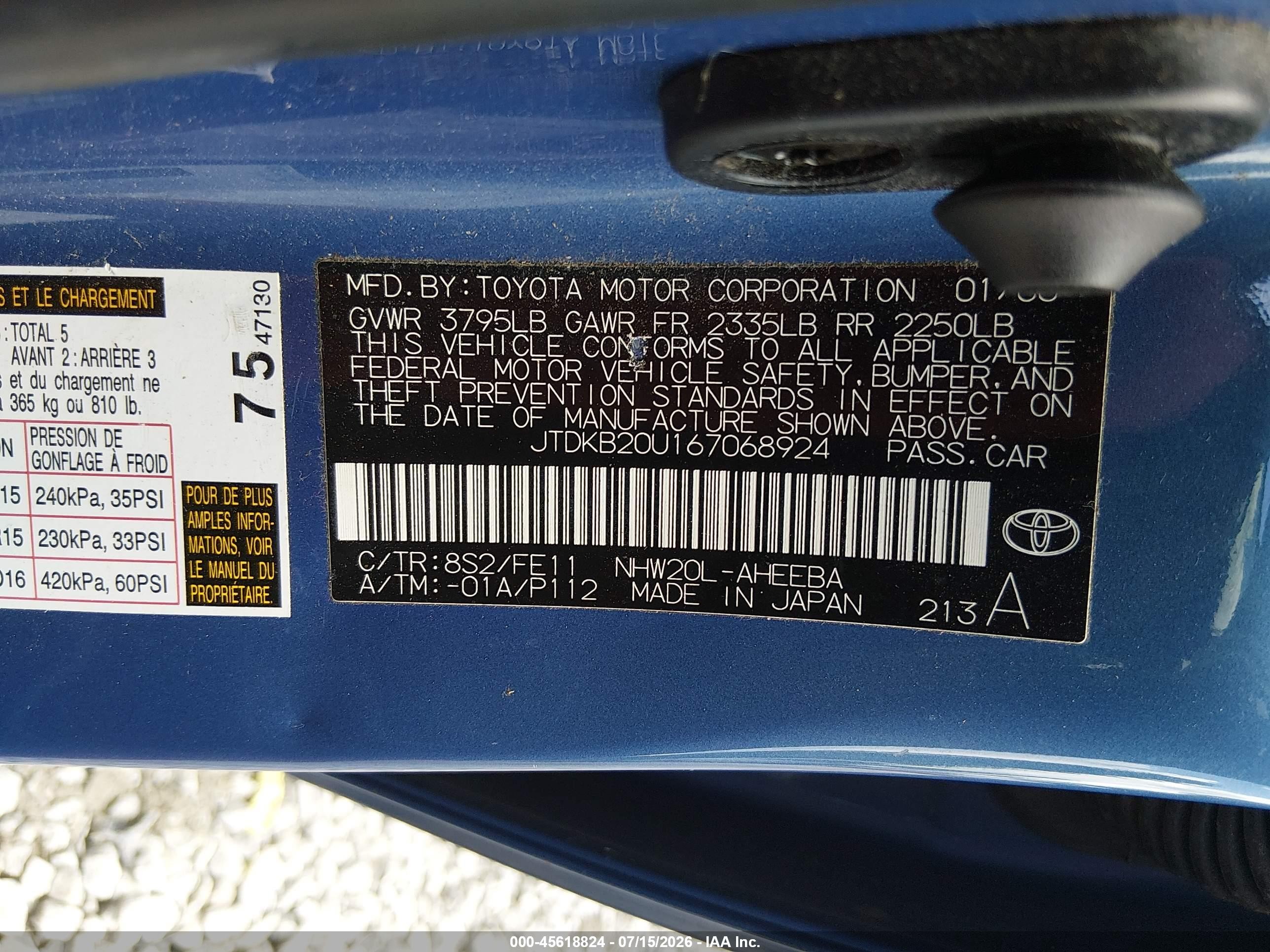 2006 Toyota Prius   Blue vin: JTDKB20U167068924
