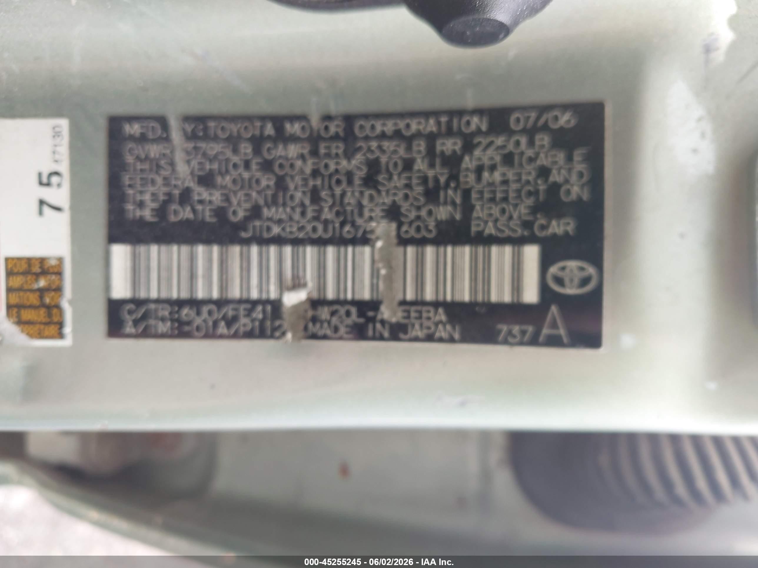 2006 Toyota Prius   Green vin: JTDKB20U167521603