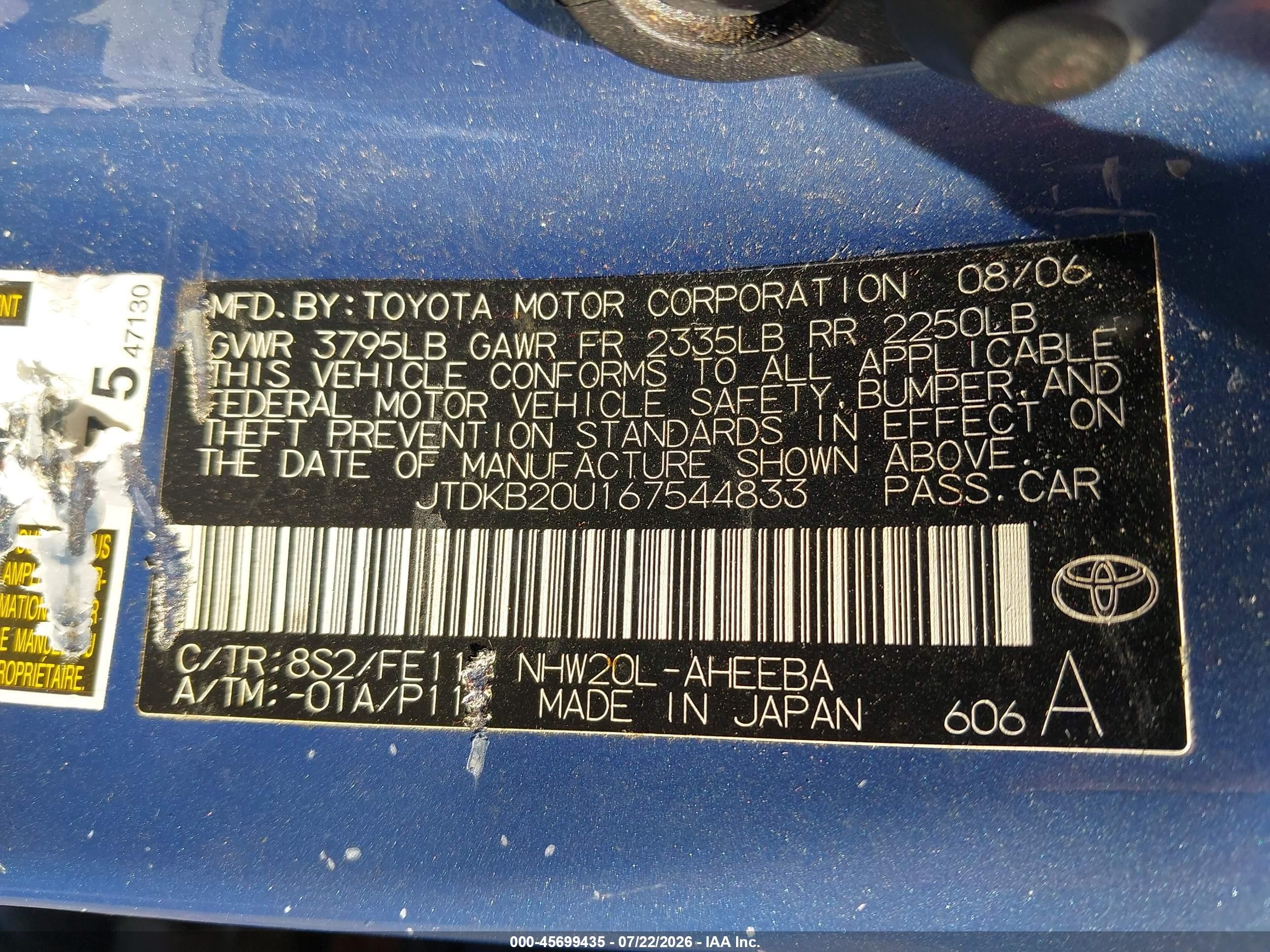 2006 Toyota Prius   Blue vin: JTDKB20U167544833