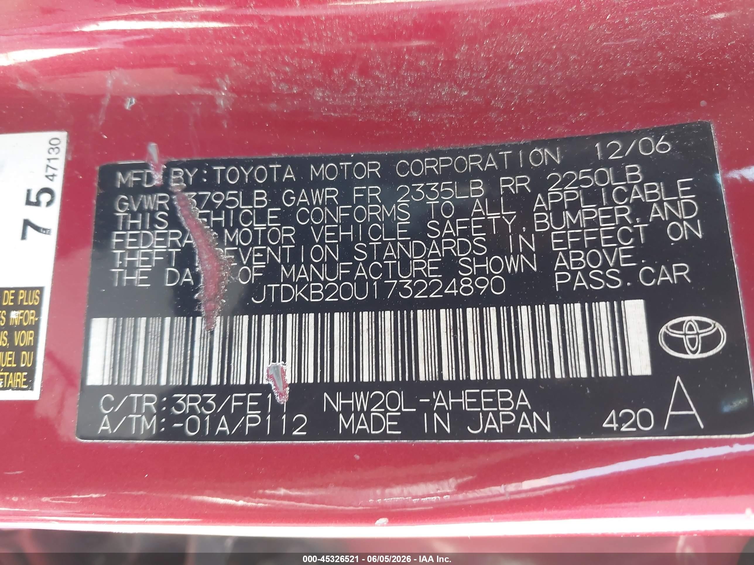 2007 Toyota Prius   Red vin: JTDKB20U173224890
