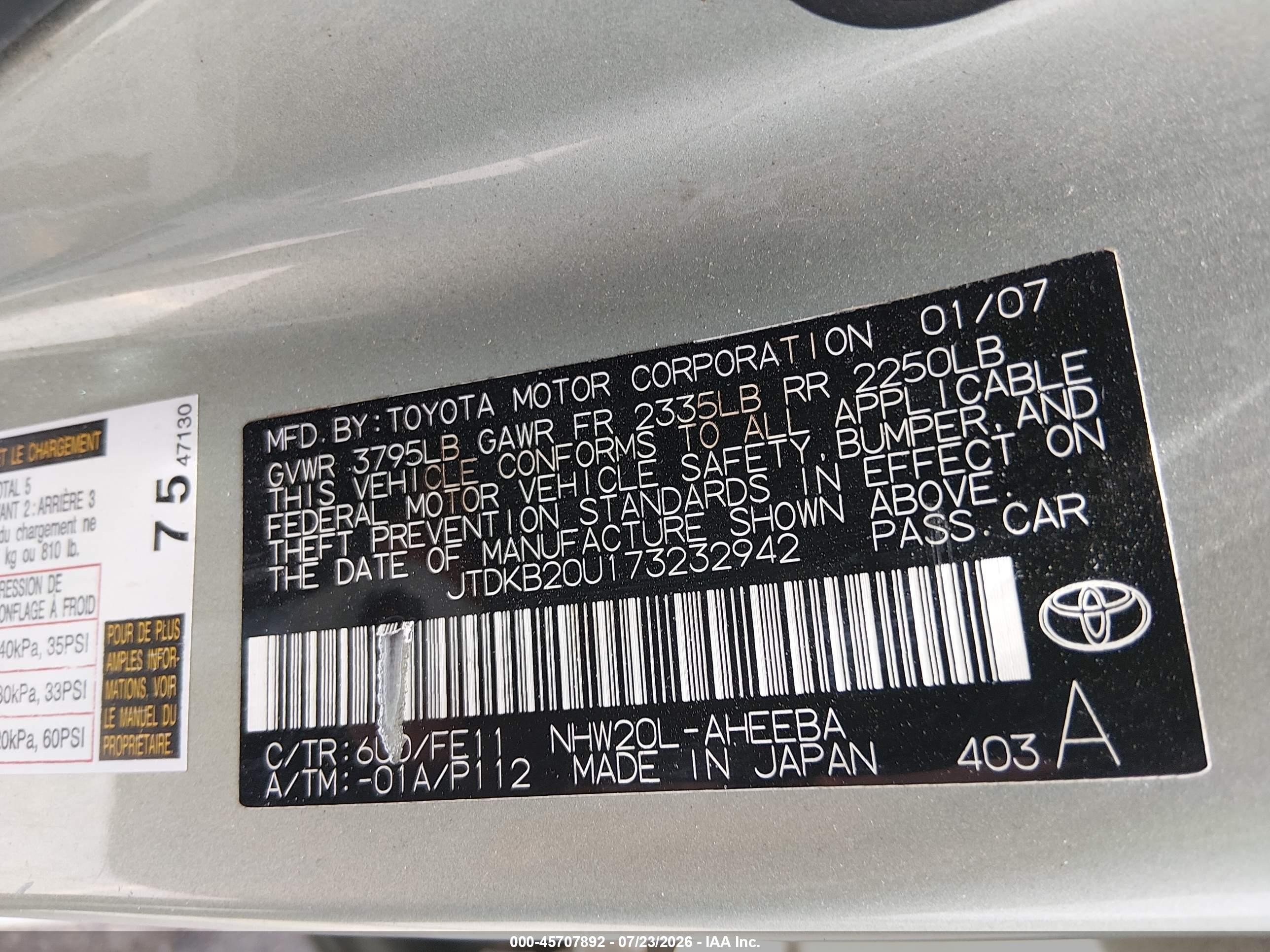 2007 Toyota Prius   Green vin: JTDKB20U173232942