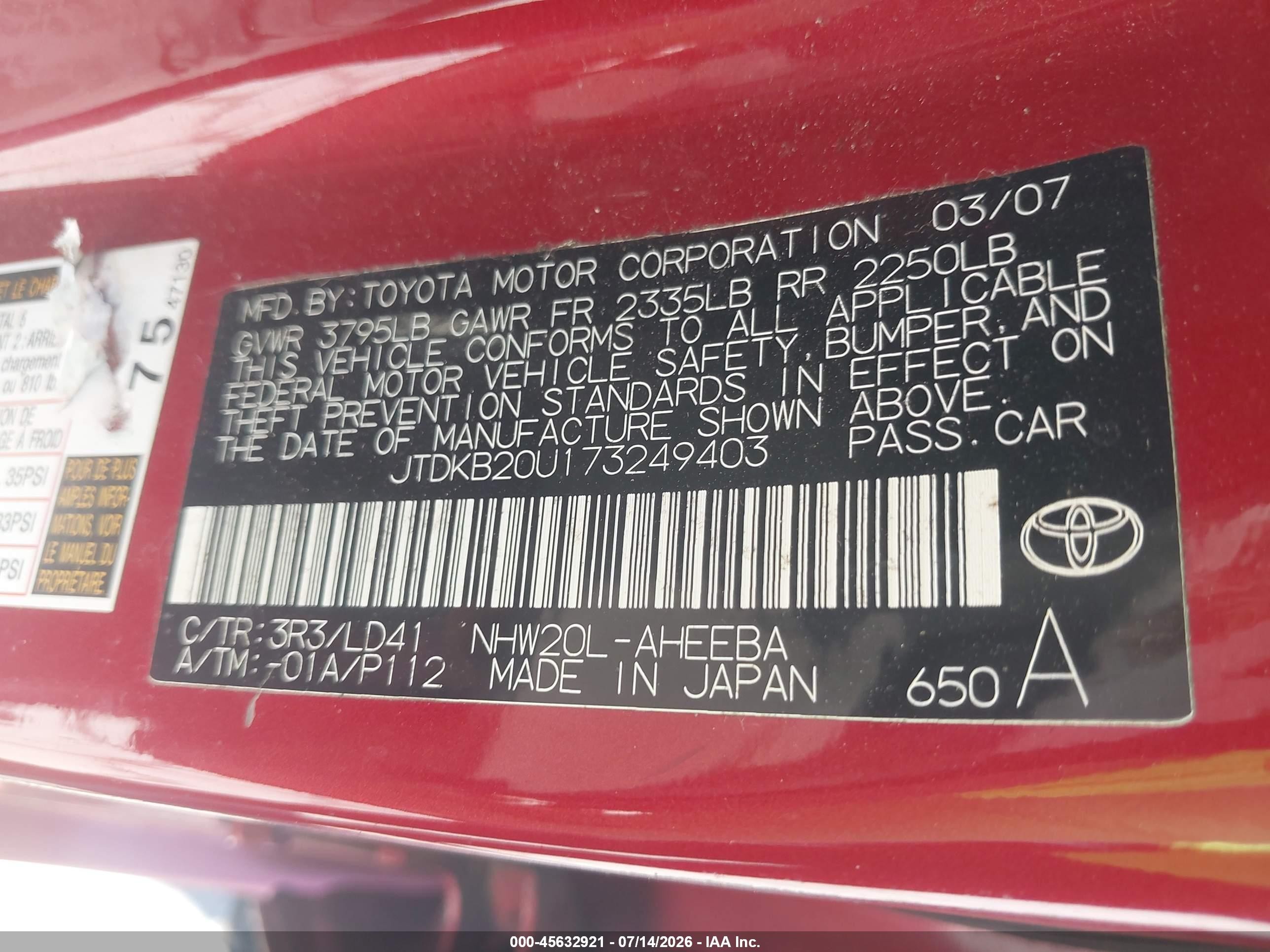 2007 Toyota Prius   Red vin: JTDKB20U173249403