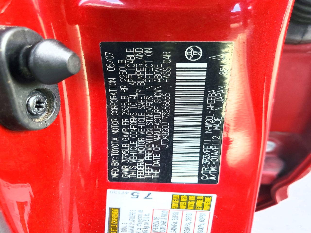 2007 Toyota Prius Base Red vin: JTDKB20U173266685