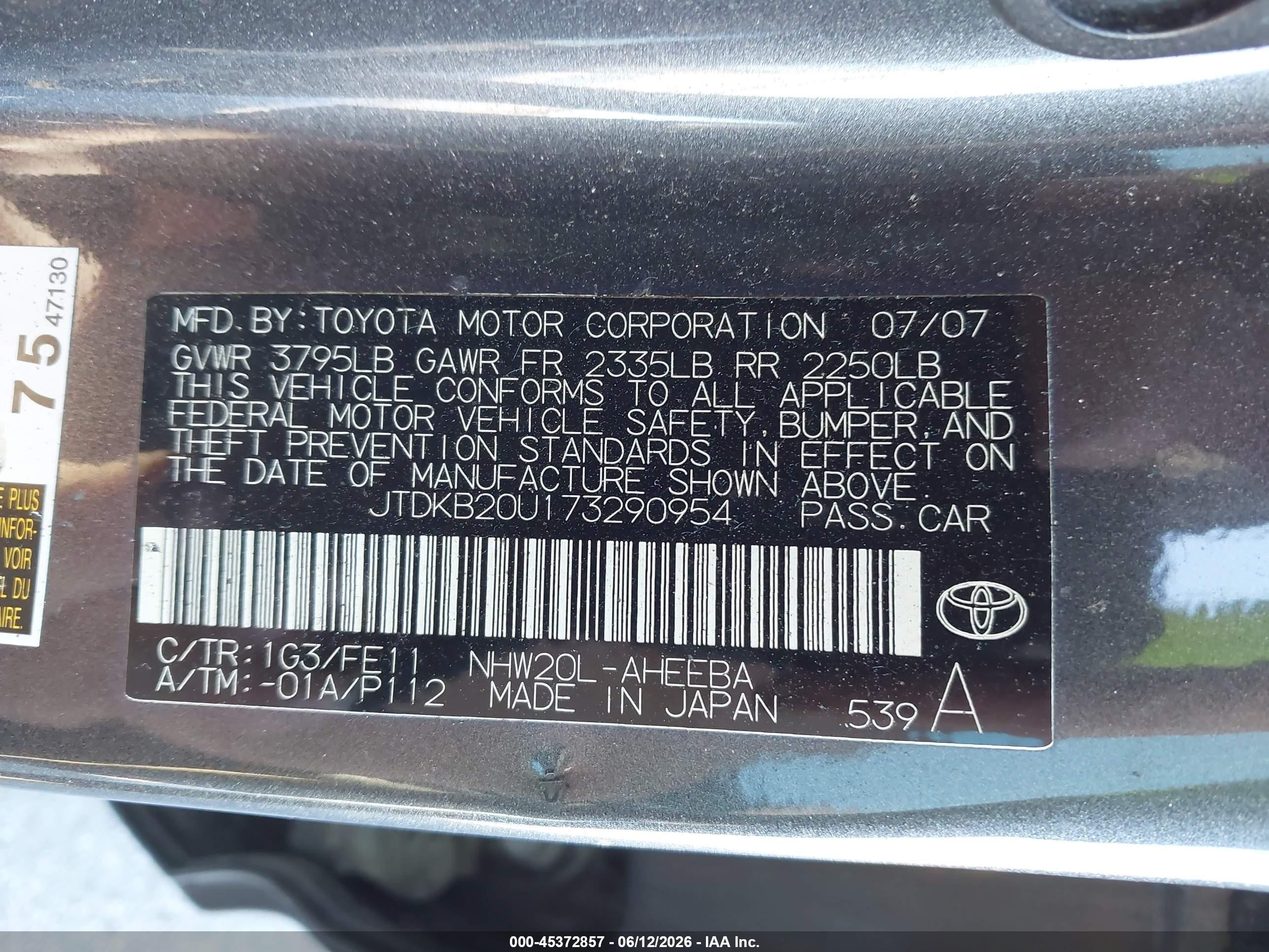 2007 Toyota Prius   Gray vin: JTDKB20U173290954